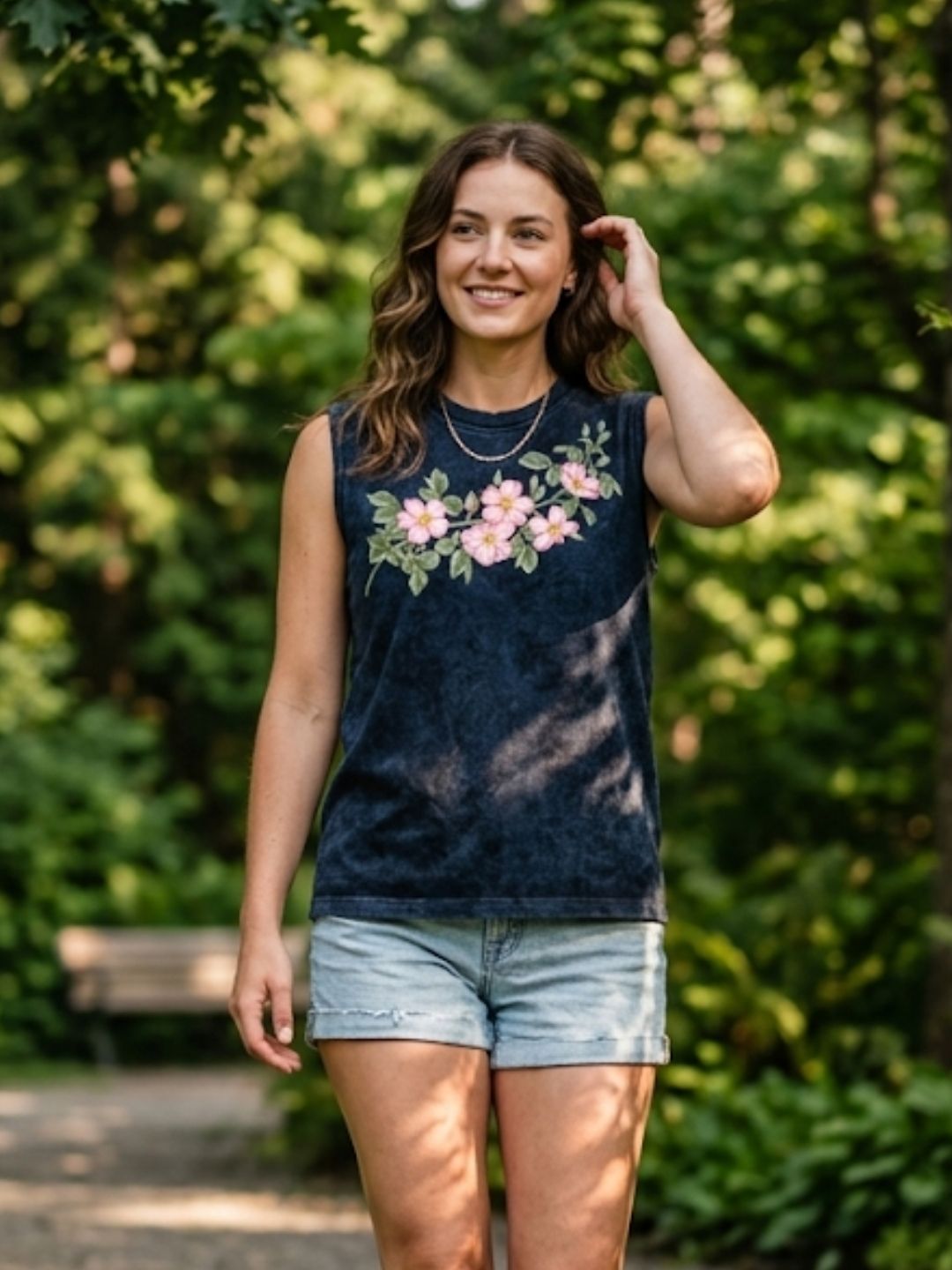 Cherry Blossom Garland Muscle Tank – Women’s Acid Wash Black