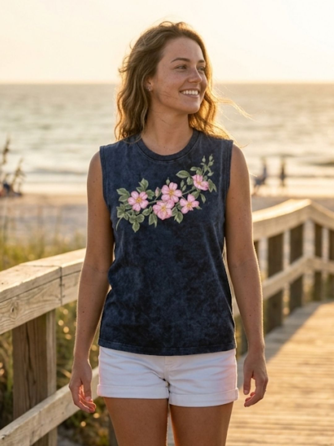 Cherry Blossom Garland Muscle Tank – Women’s Acid Wash Black