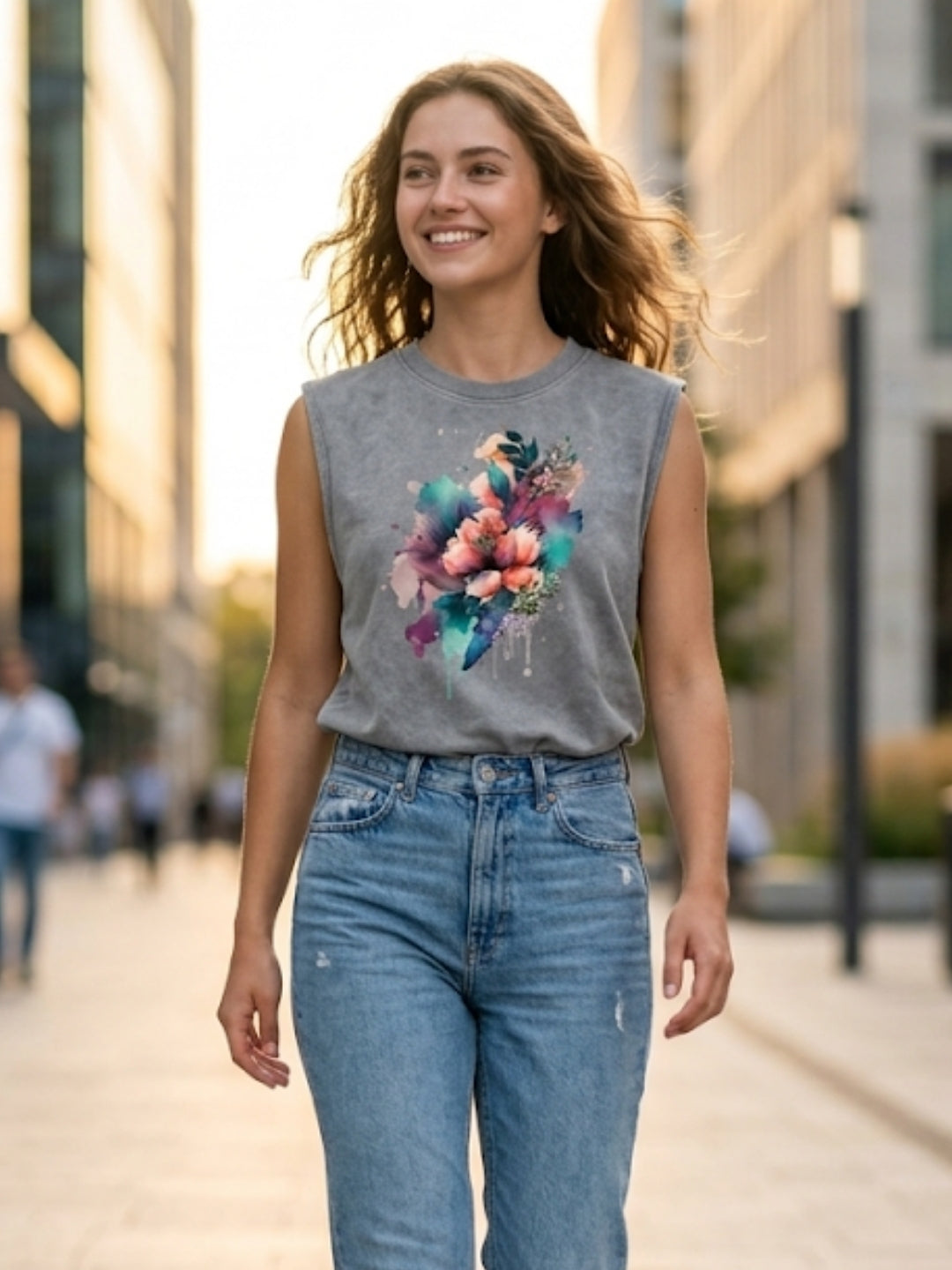 Watercolour Floral Bouquet Muscle Tank – Women’s Acid Wash Grey