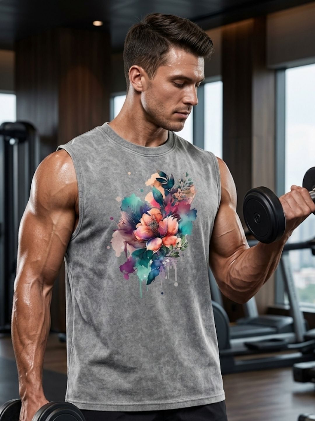 Watercolour Floral Bouquet Muscle Tank – Men’s Acid Wash Grey