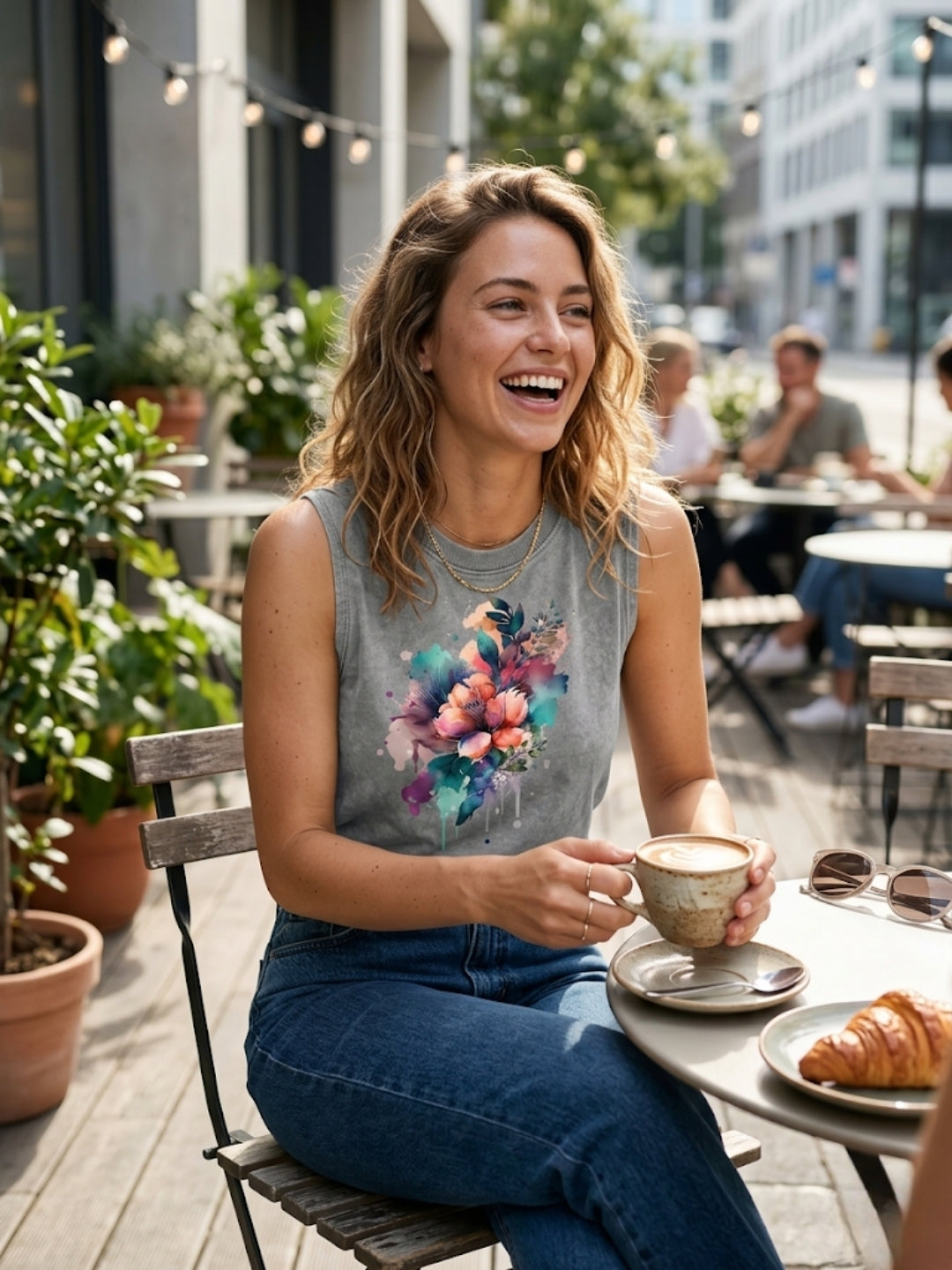 Watercolour Floral Bouquet Muscle Tank – Women’s Acid Wash Grey