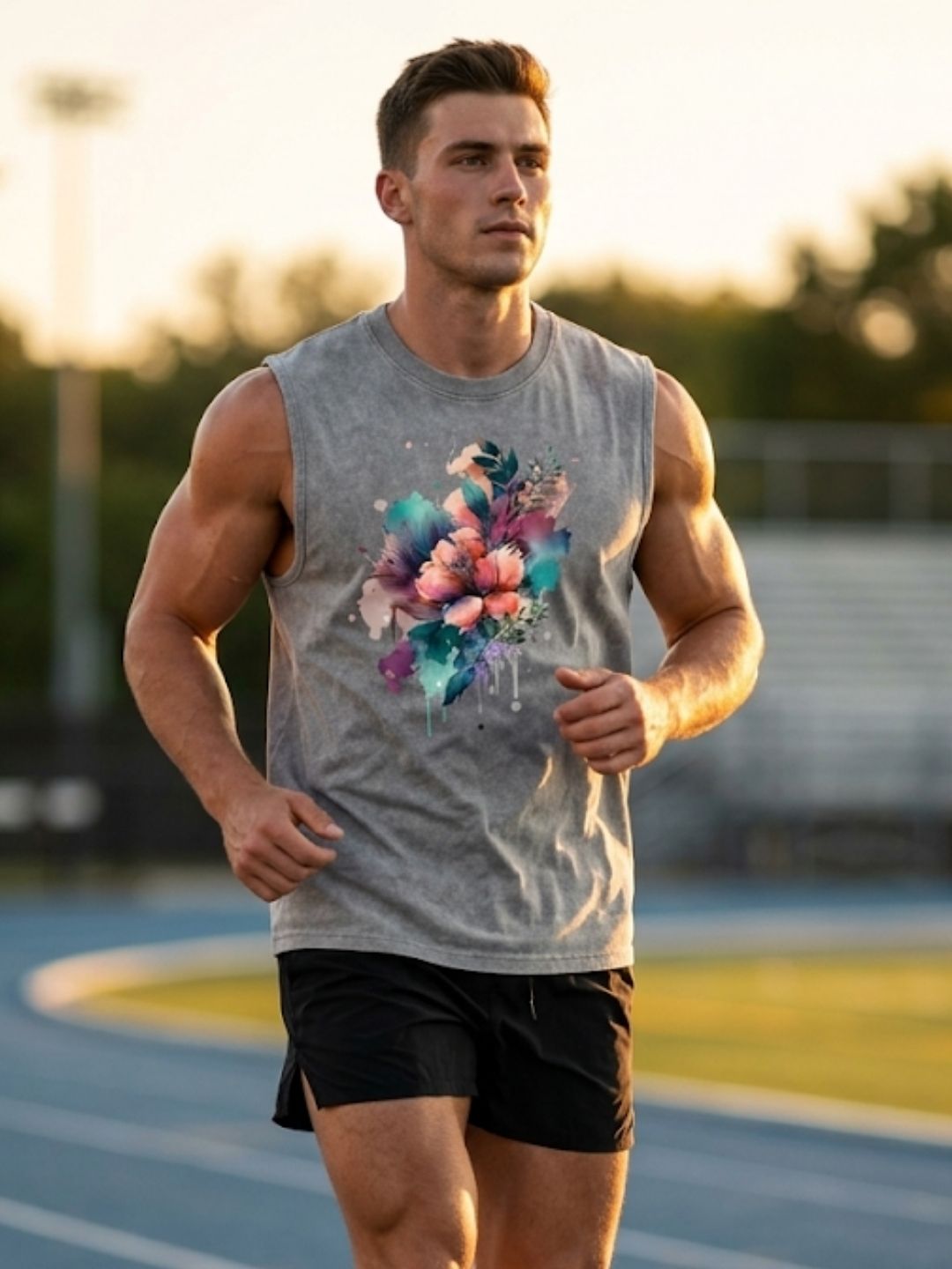 Watercolour Floral Bouquet Muscle Tank – Men’s Acid Wash Grey