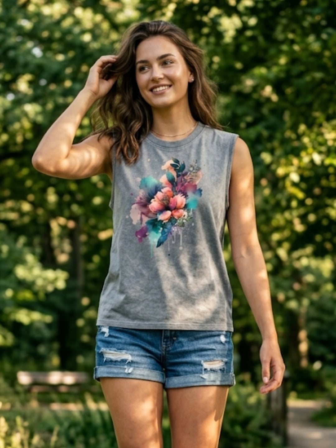 Watercolour Floral Bouquet Muscle Tank – Women’s Acid Wash Grey