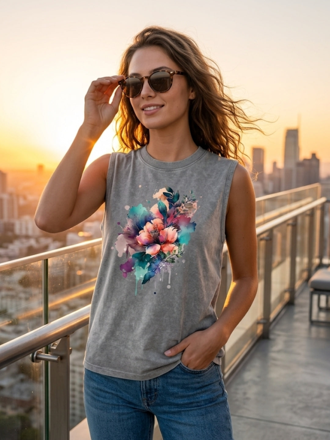 Watercolour Floral Bouquet Muscle Tank – Women’s Acid Wash Grey