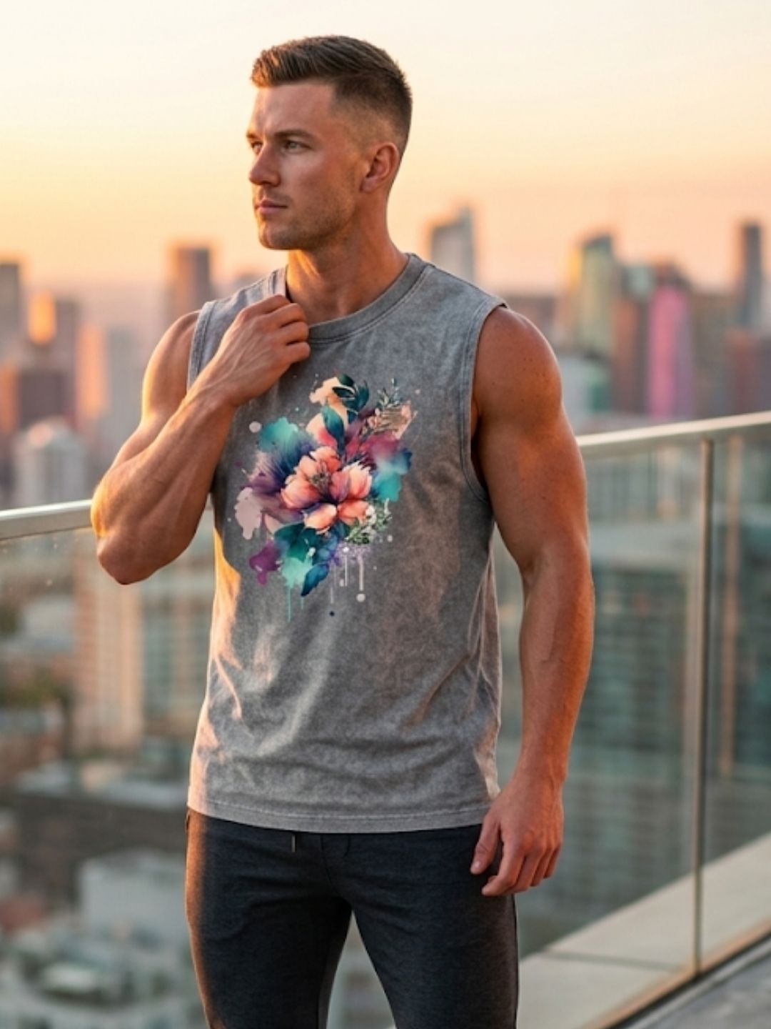 Watercolour Floral Bouquet Muscle Tank – Men’s Acid Wash Grey