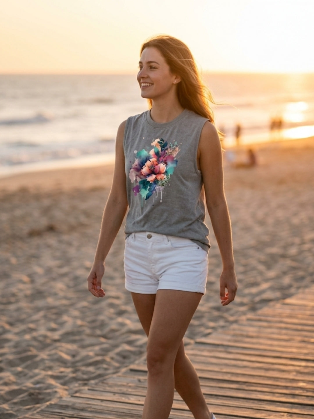 Watercolour Floral Bouquet Muscle Tank – Women’s Acid Wash Grey