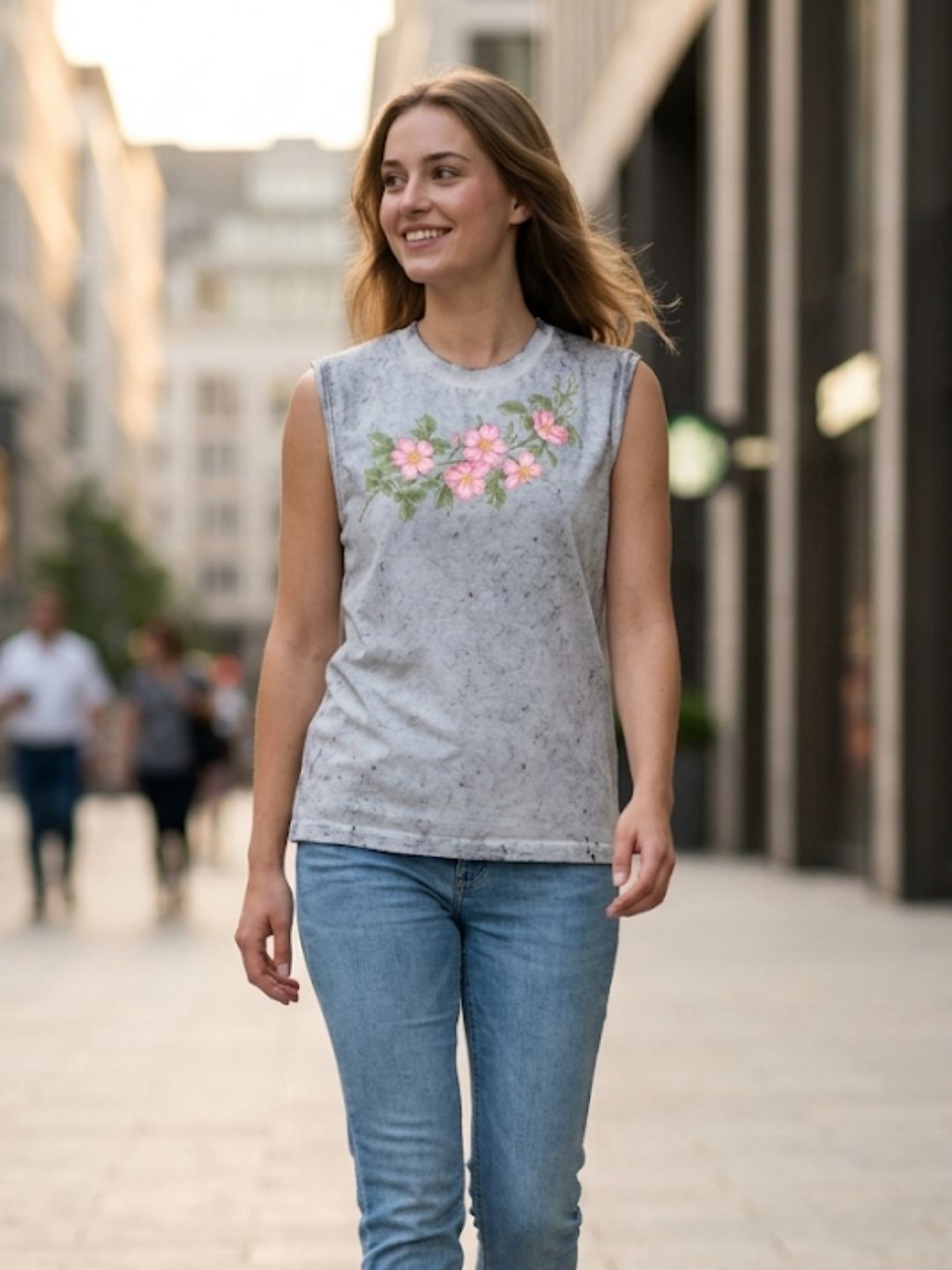 Cherry Blossom Garland Muscle Tank – Women’s Acid Wash White