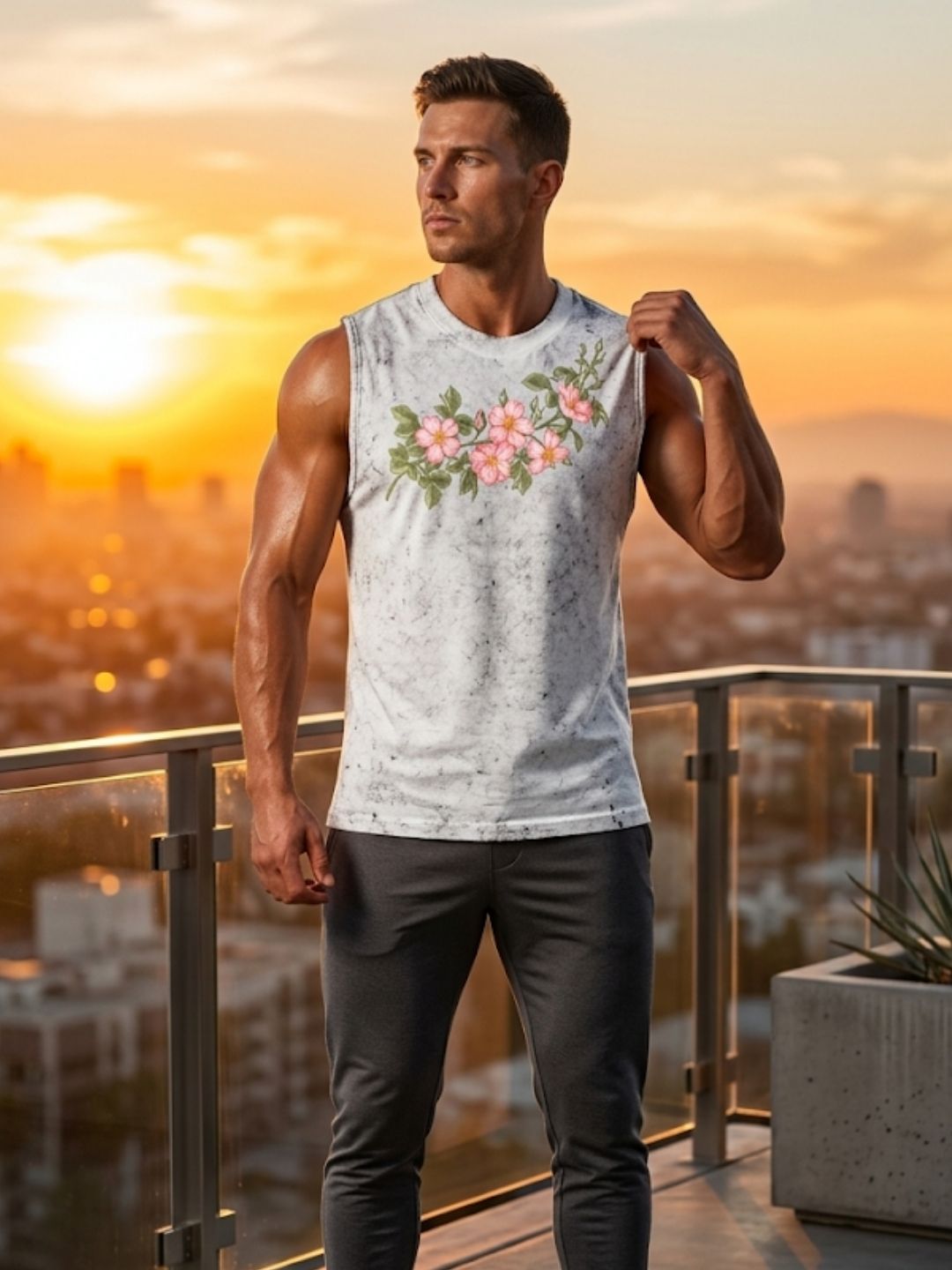 Wild Rose Floral Muscle Tank – Men’s Acid Wash White