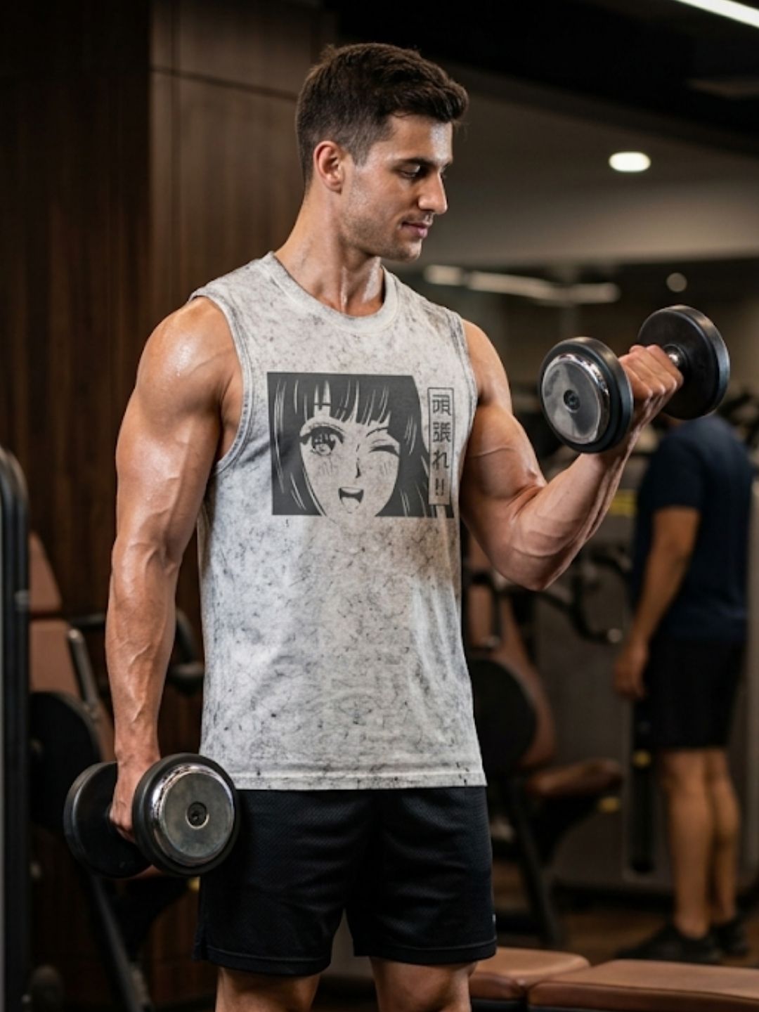 Anime Girl Ganbare Muscle Tank – Men’s Acid Wash White