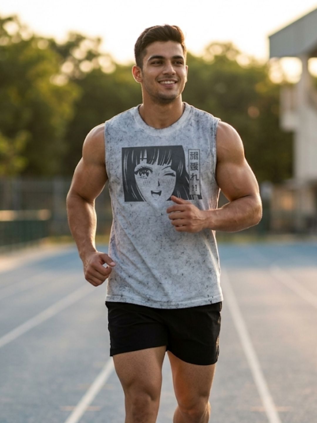 Anime Girl Ganbare Muscle Tank – Men’s Acid Wash White