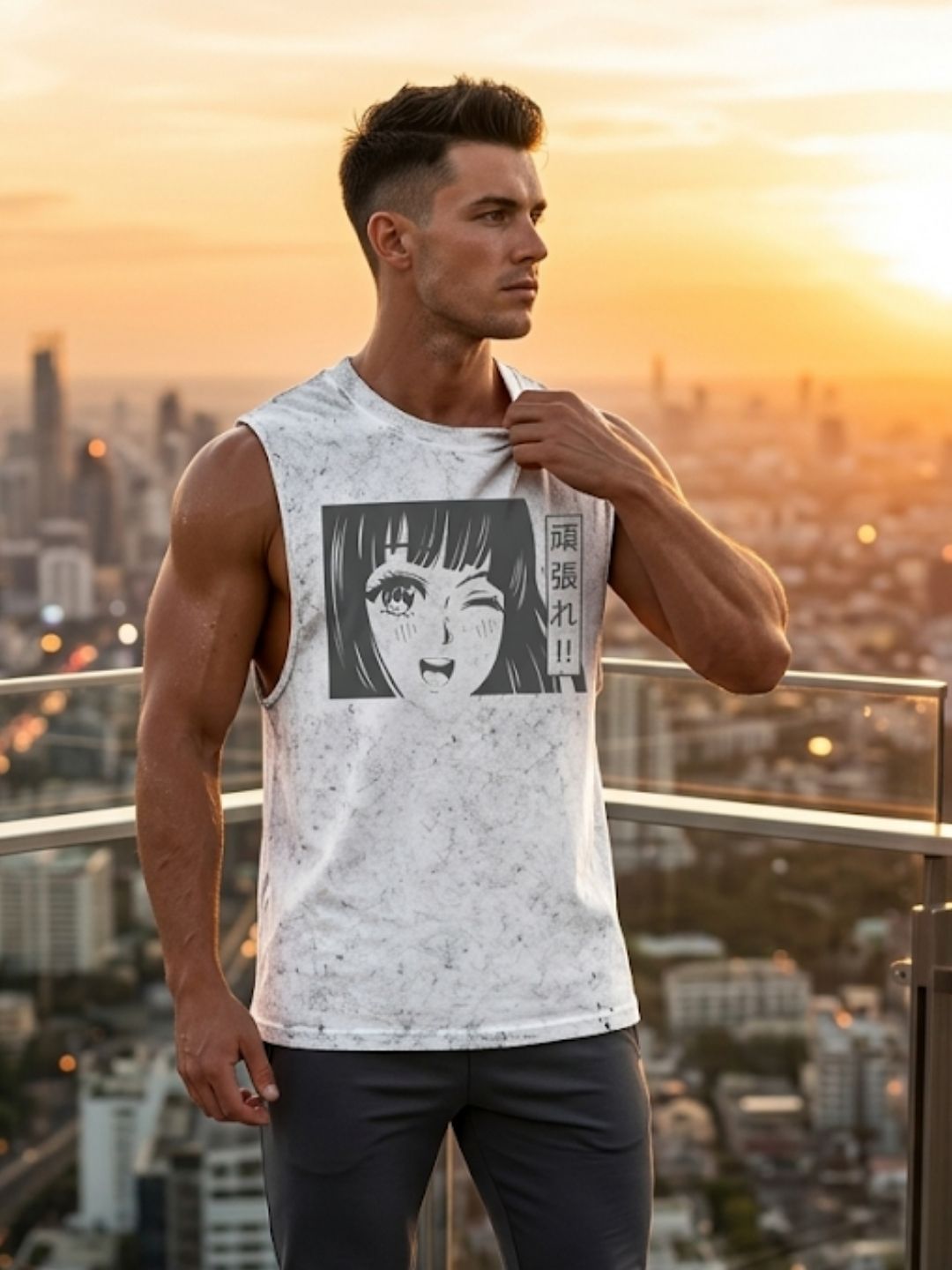 Anime Girl Ganbare Muscle Tank – Men’s Acid Wash White