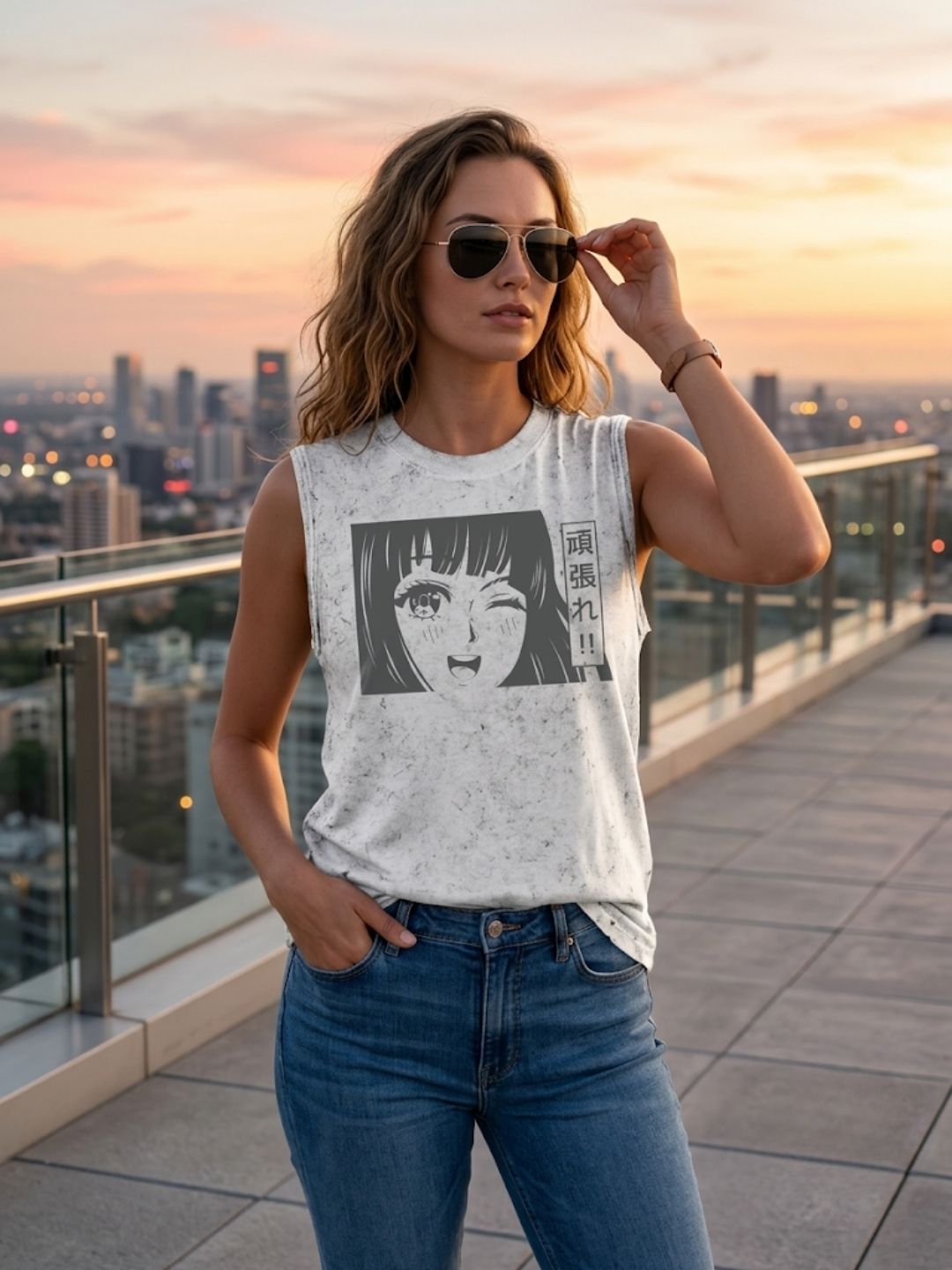 Ganbare!! Crying Anime Girl Muscle Tank – Women’s Acid Wash White