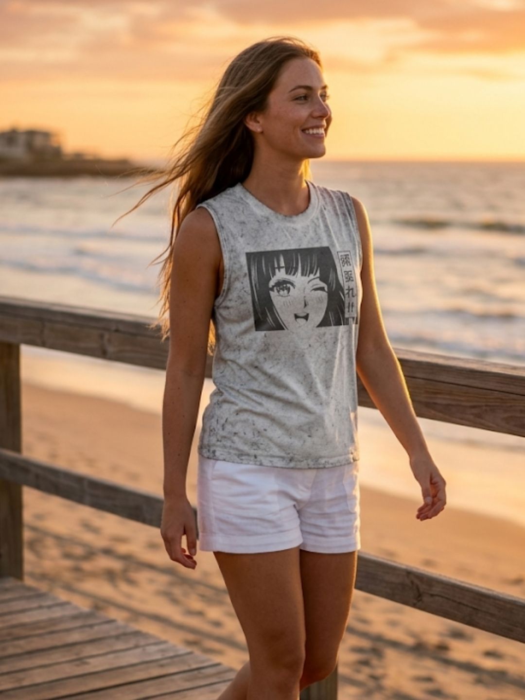 Ganbare!! Crying Anime Girl Muscle Tank – Women’s Acid Wash White