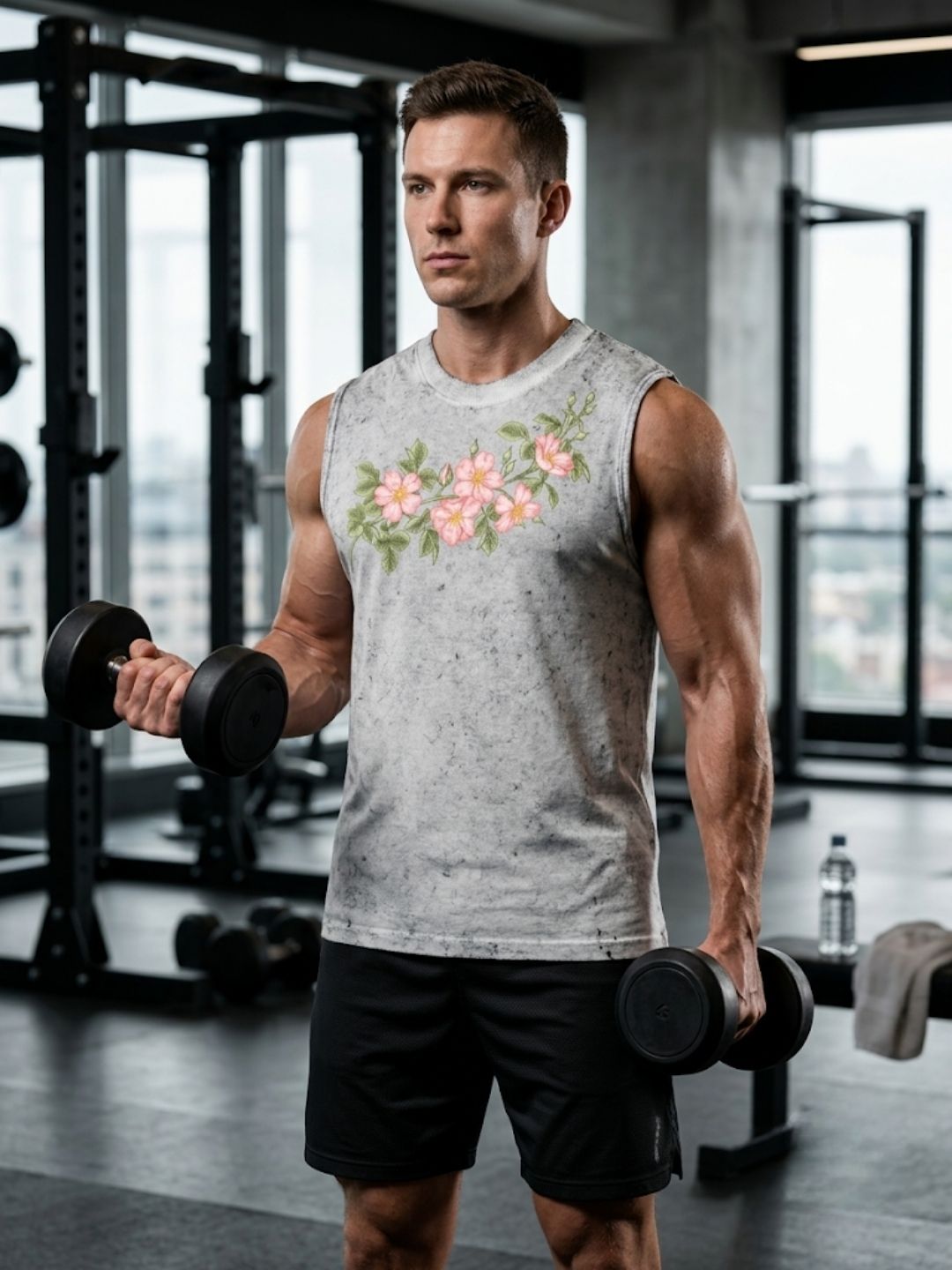 Wild Rose Floral Muscle Tank – Men’s Acid Wash White