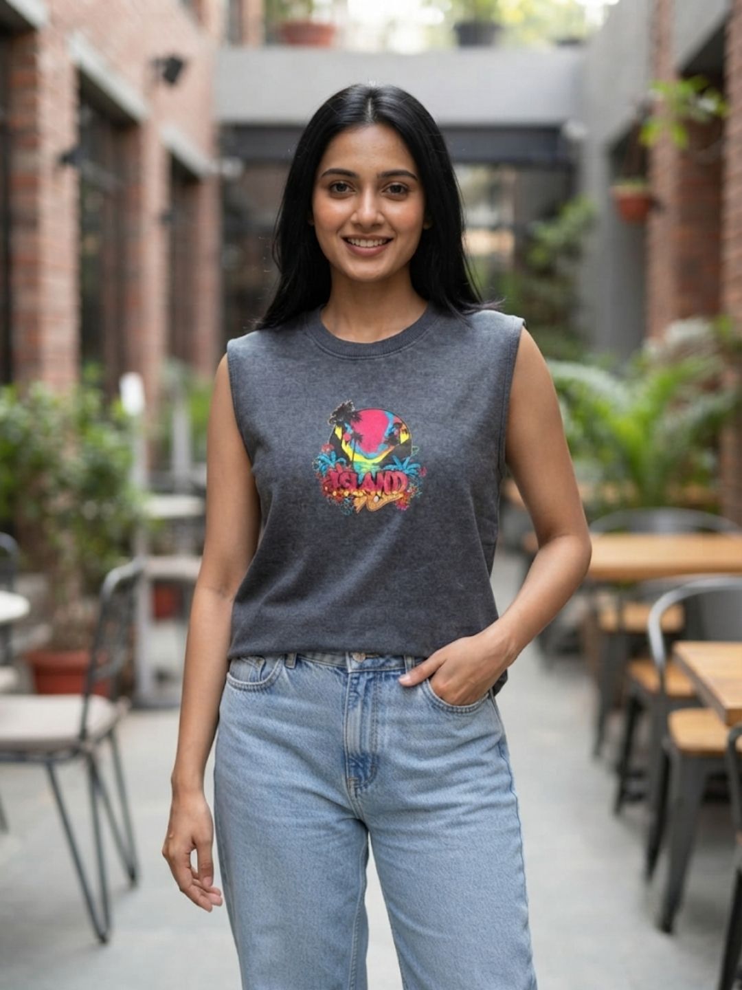 The Modvue Neon Island Graphic Tank - Charcoal