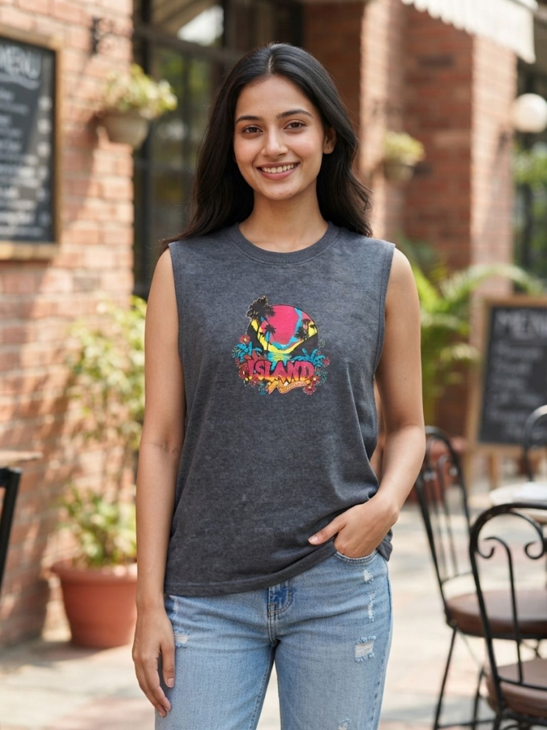The Modvue Neon Island Graphic Tank - Charcoal