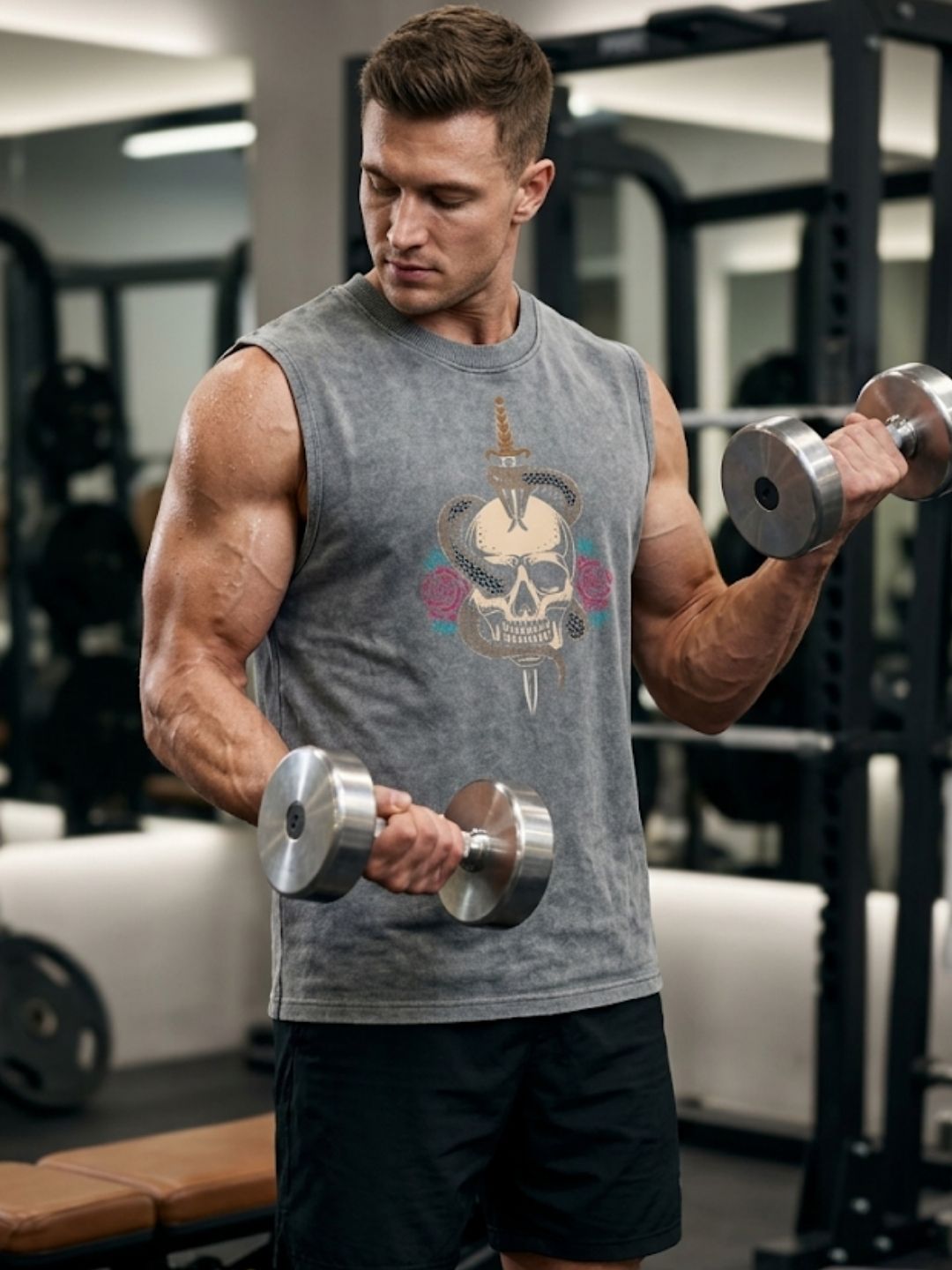 Skull & Dagger Snake Roses Muscle Tank – Men’s Acid Wash Grey