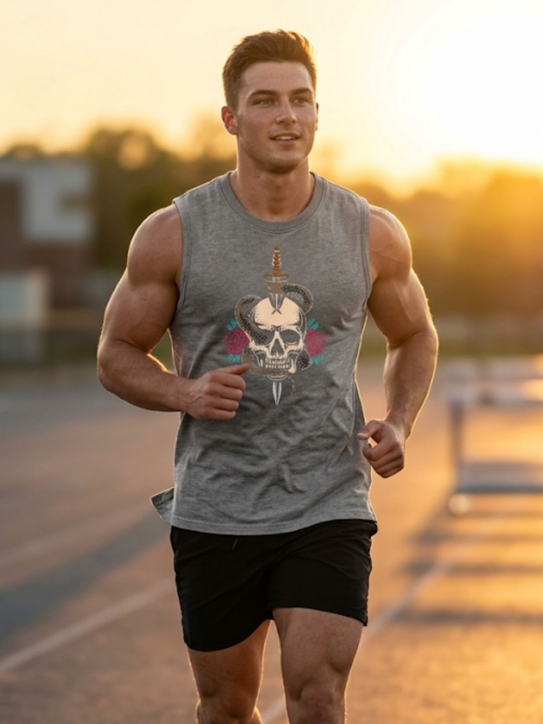 Skull & Dagger Snake Roses Muscle Tank – Men’s Acid Wash Grey