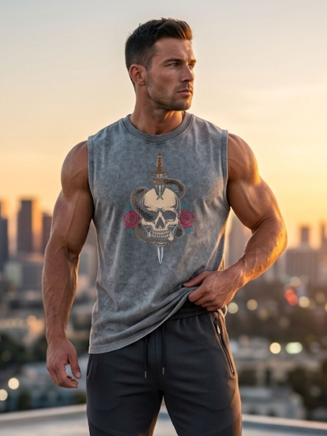 Skull & Dagger Snake Roses Muscle Tank – Men’s Acid Wash Grey