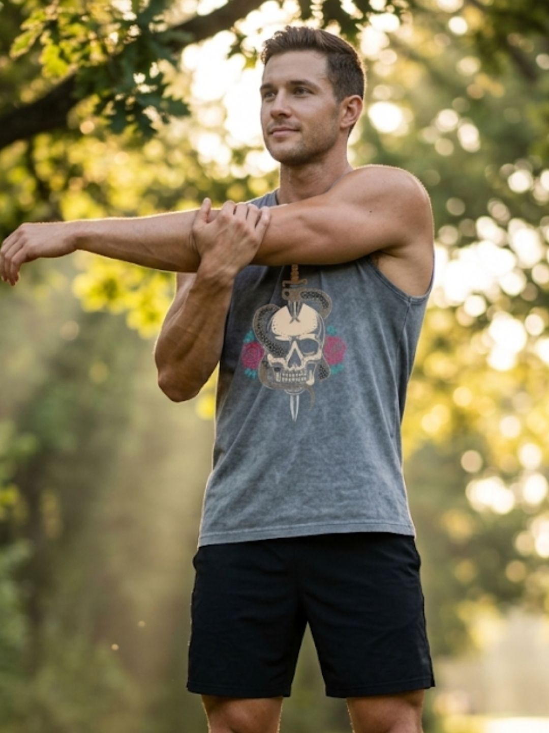 Skull & Dagger Snake Roses Muscle Tank – Men’s Acid Wash Grey