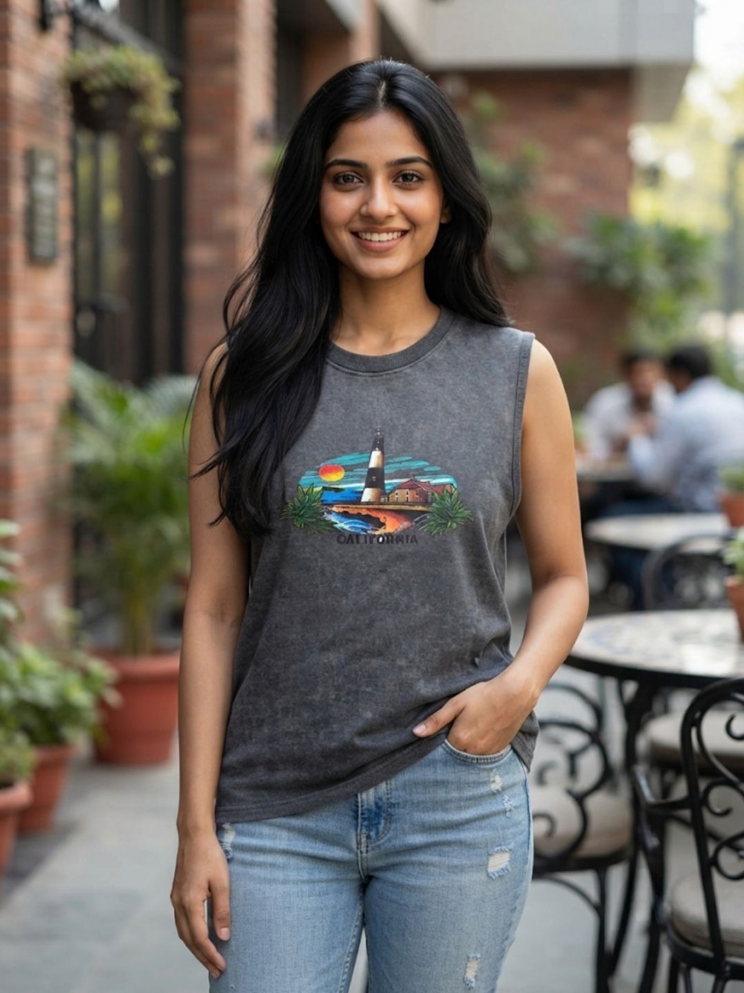 The Modvue Vintage California Lighthouse Graphic Tank - Charcoal