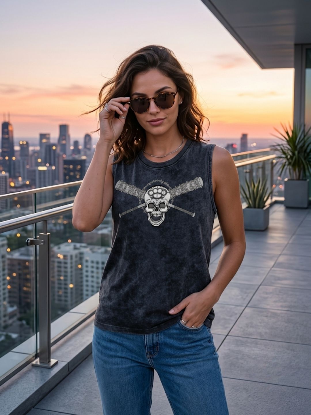 Skull & Crossbats Muscle Tank – Women’s Acid Wash Black