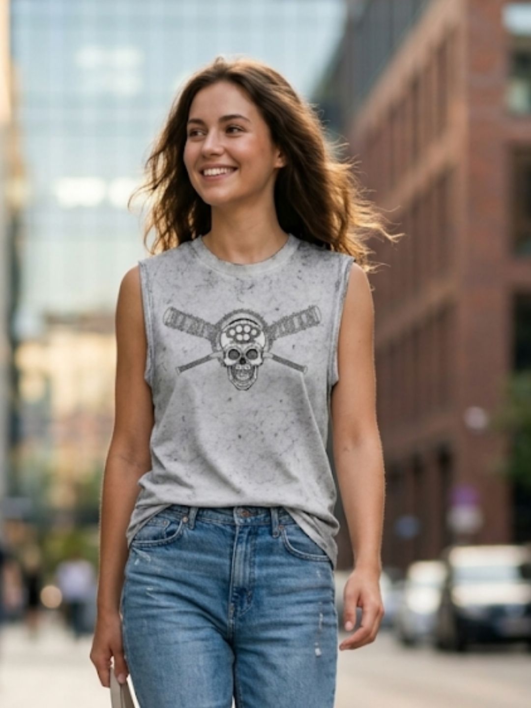Skull & Crossbats Muscle Tank – Women’s Acid Wash White