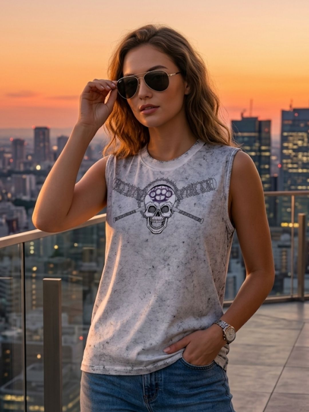 Skull & Crossbats Muscle Tank – Women’s Acid Wash White