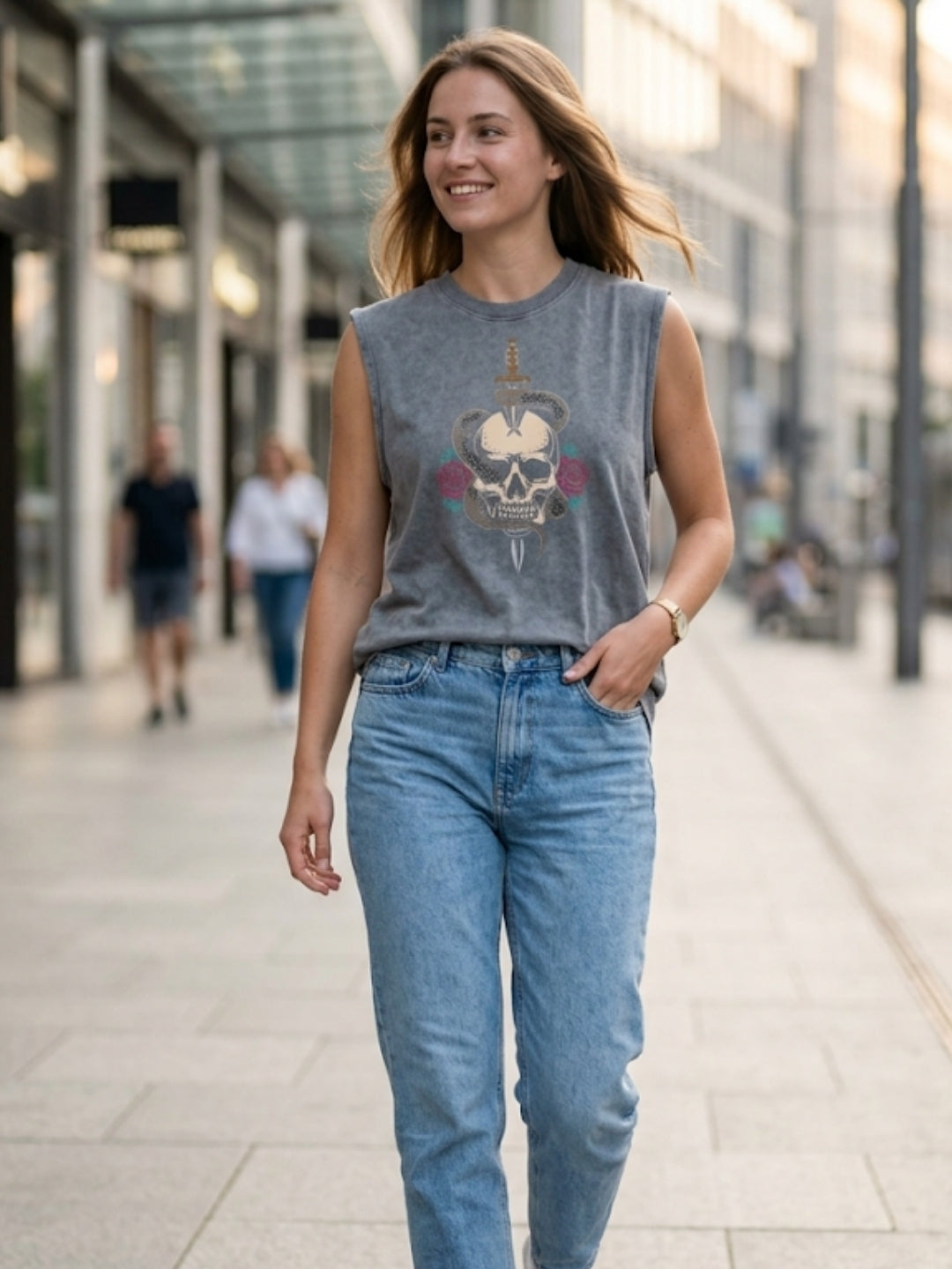 Skull & Dagger Snake Roses Muscle Tank – Women’s Acid Wash Grey