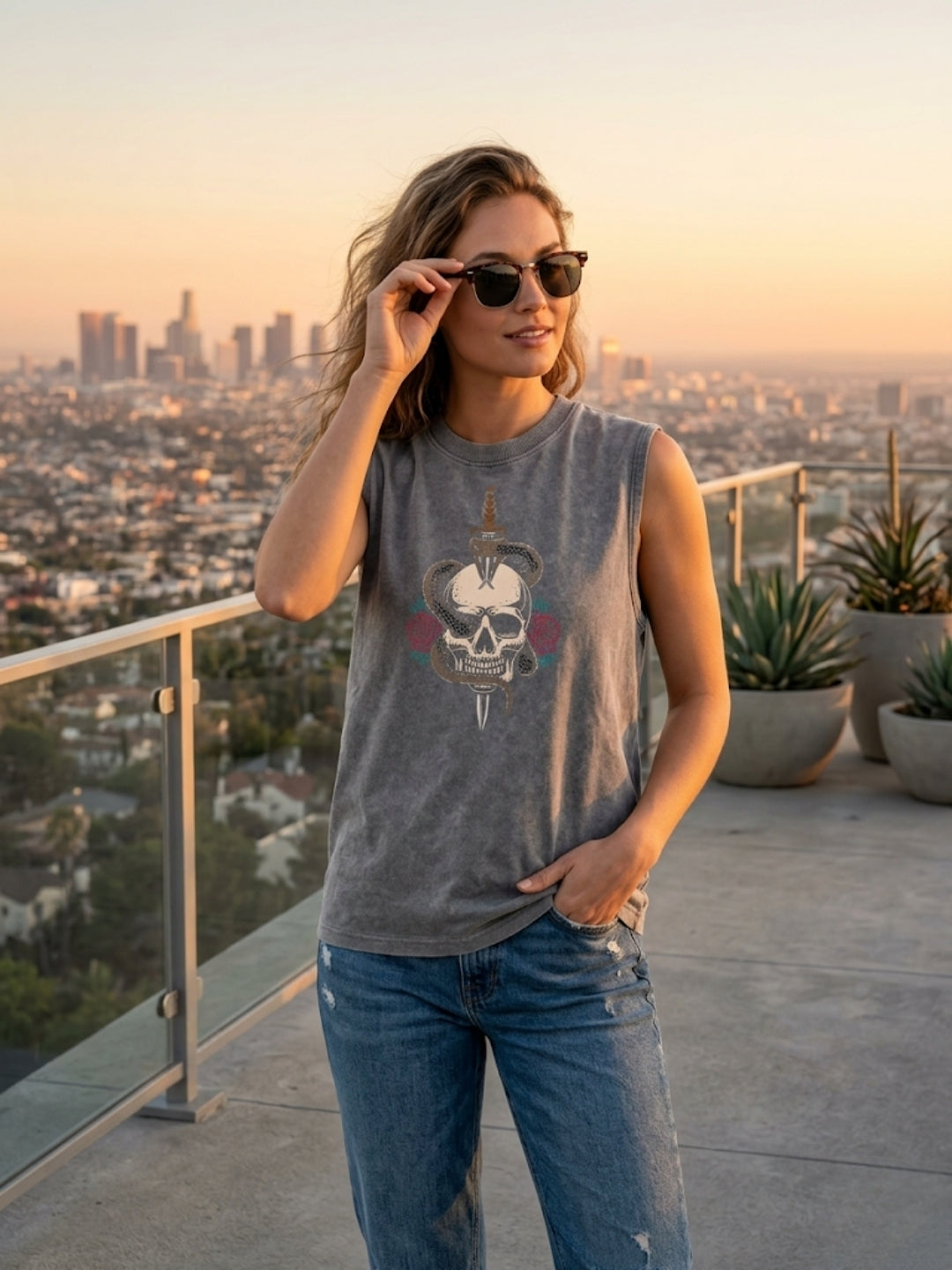 Skull & Dagger Snake Roses Muscle Tank – Women’s Acid Wash Grey