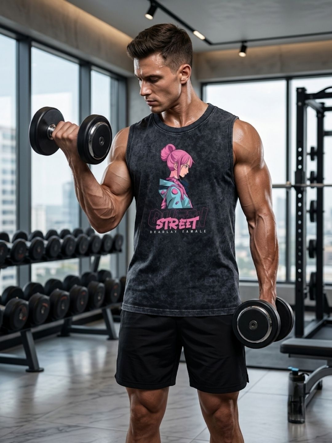 Street Deadlay Female Anime Muscle Tank – Acid Wash Black