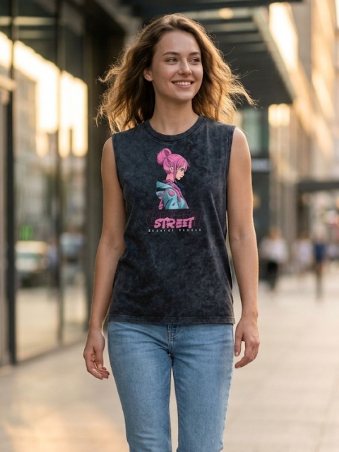 Street Deadlay Female Anime Muscle Tank – Women’s Acid Wash Black