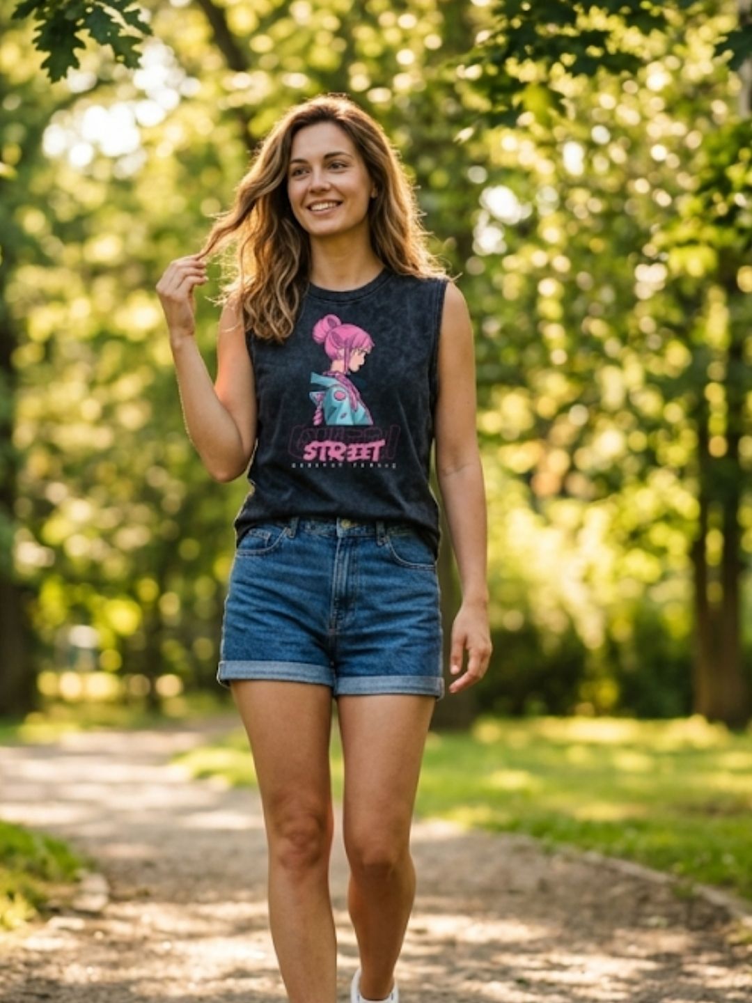 Street Deadlay Female Anime Muscle Tank – Women’s Acid Wash Black