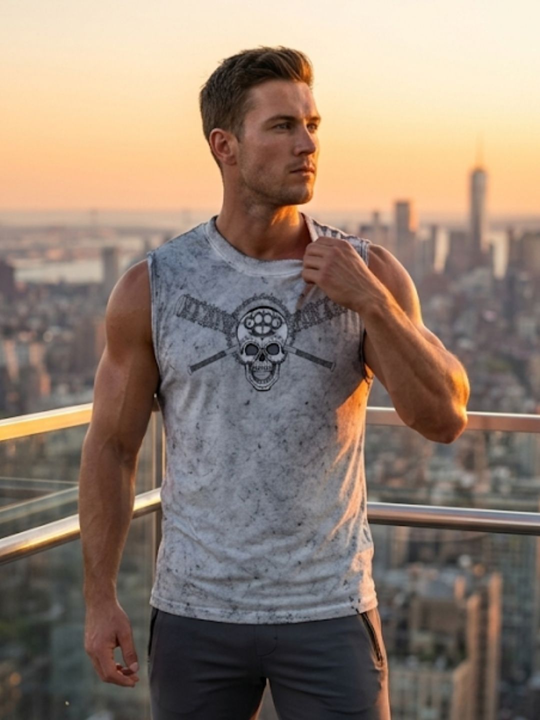 Stay Hard Skull Crossed Bats Muscle Tank – Men’s Acid Wash White