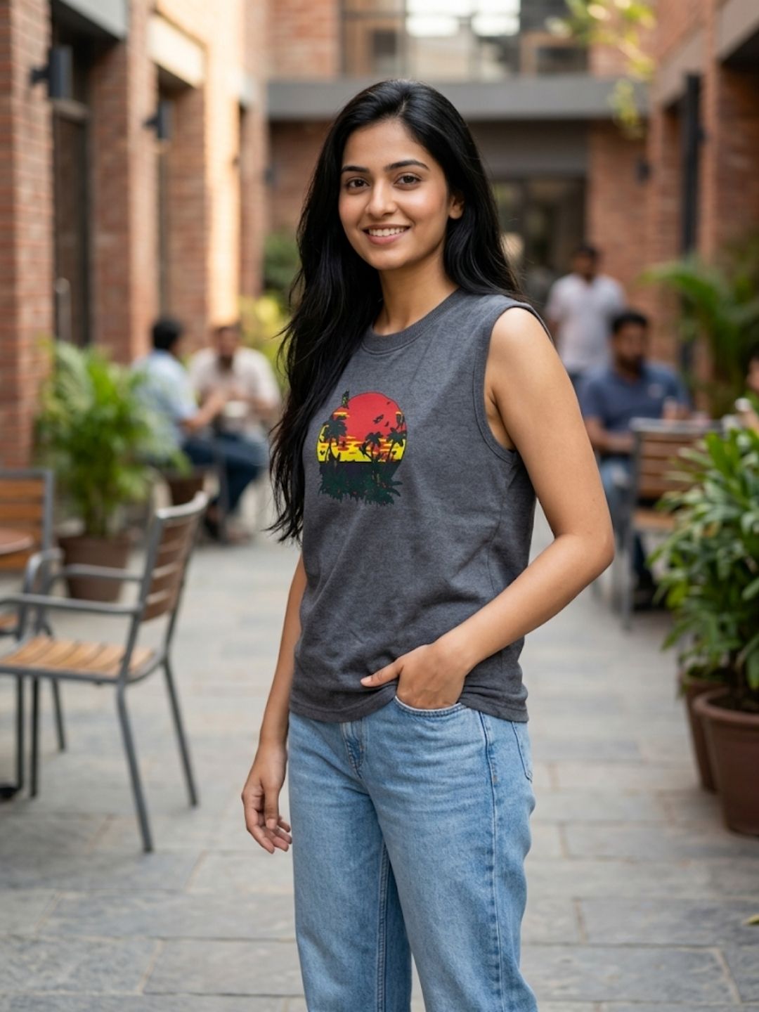 Women's Retro Palm Sunset Sleeveless Tee | Dark Grey | The Modvue