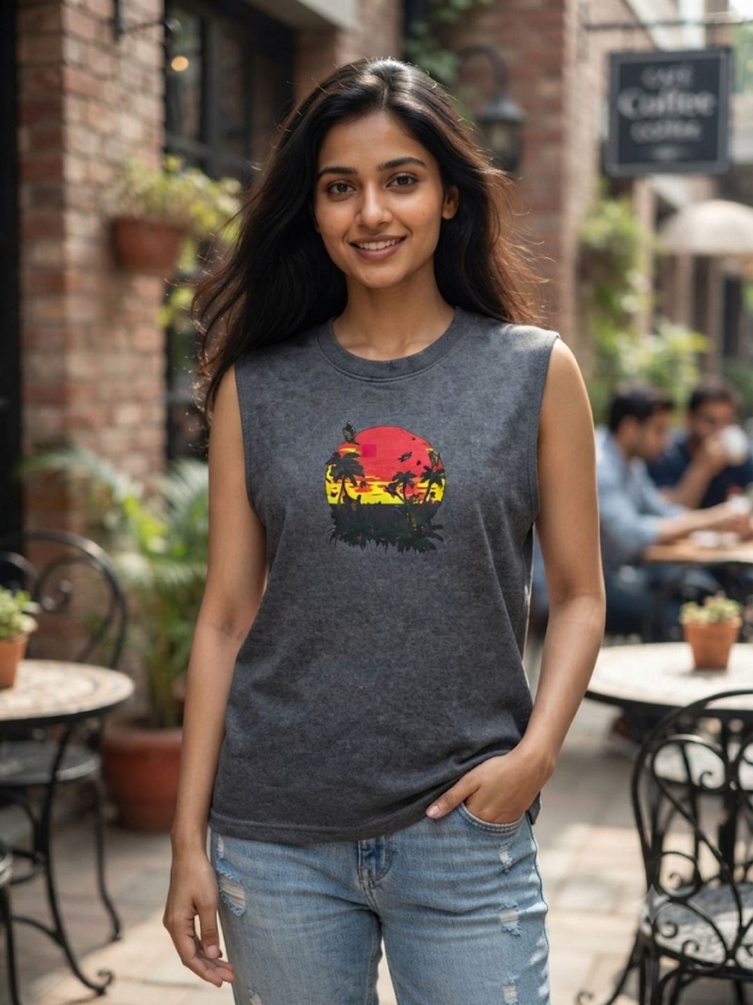 Women's Retro Palm Sunset Sleeveless Tee | Dark Grey | The Modvue
