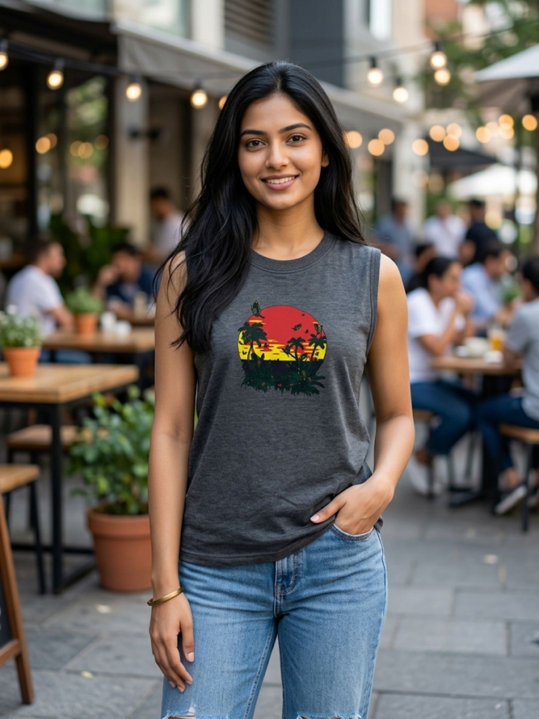 Women's Retro Palm Sunset Sleeveless Tee | Dark Grey | The Modvue