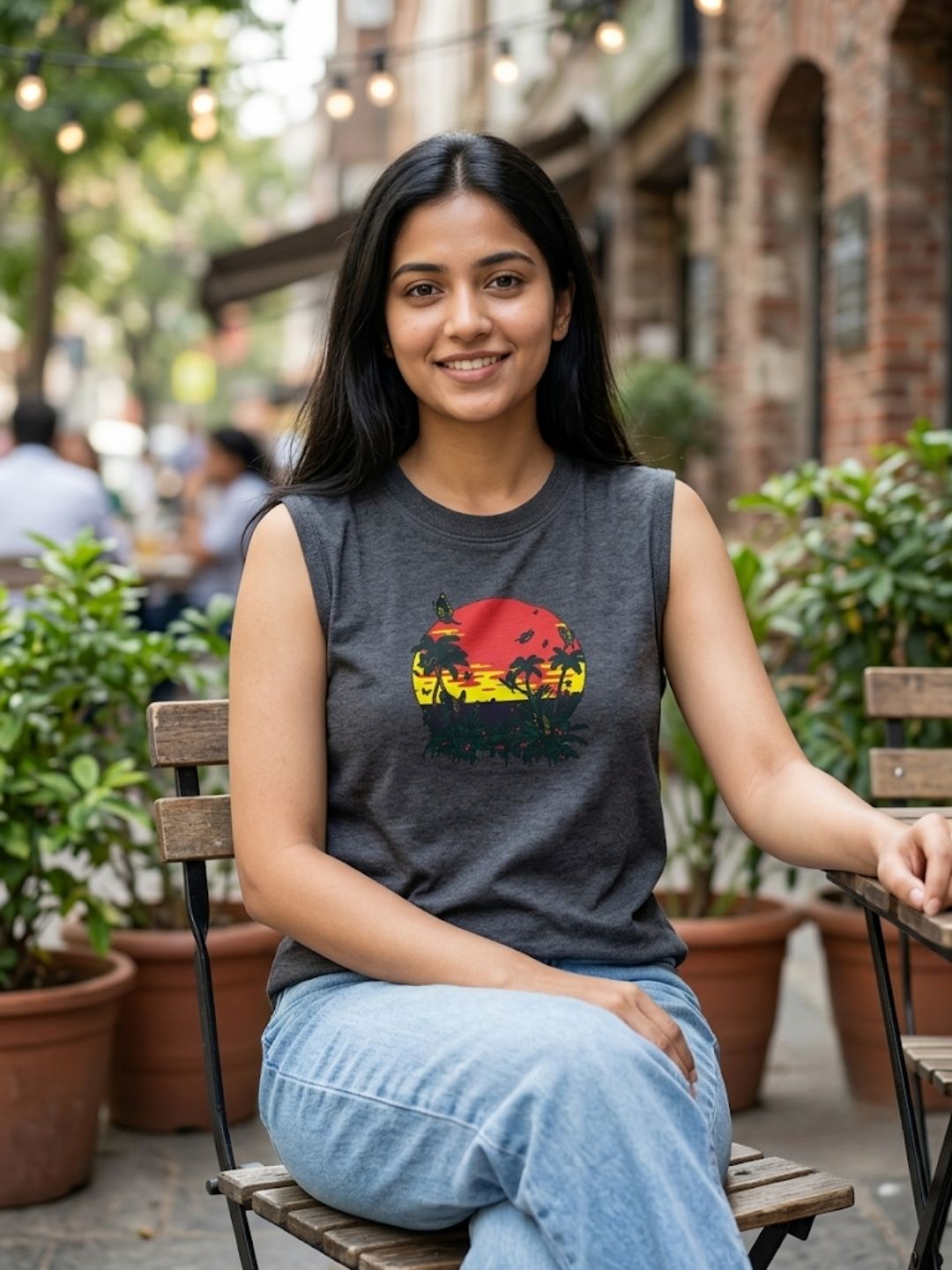Women's Retro Palm Sunset Sleeveless Tee | Dark Grey | The Modvue