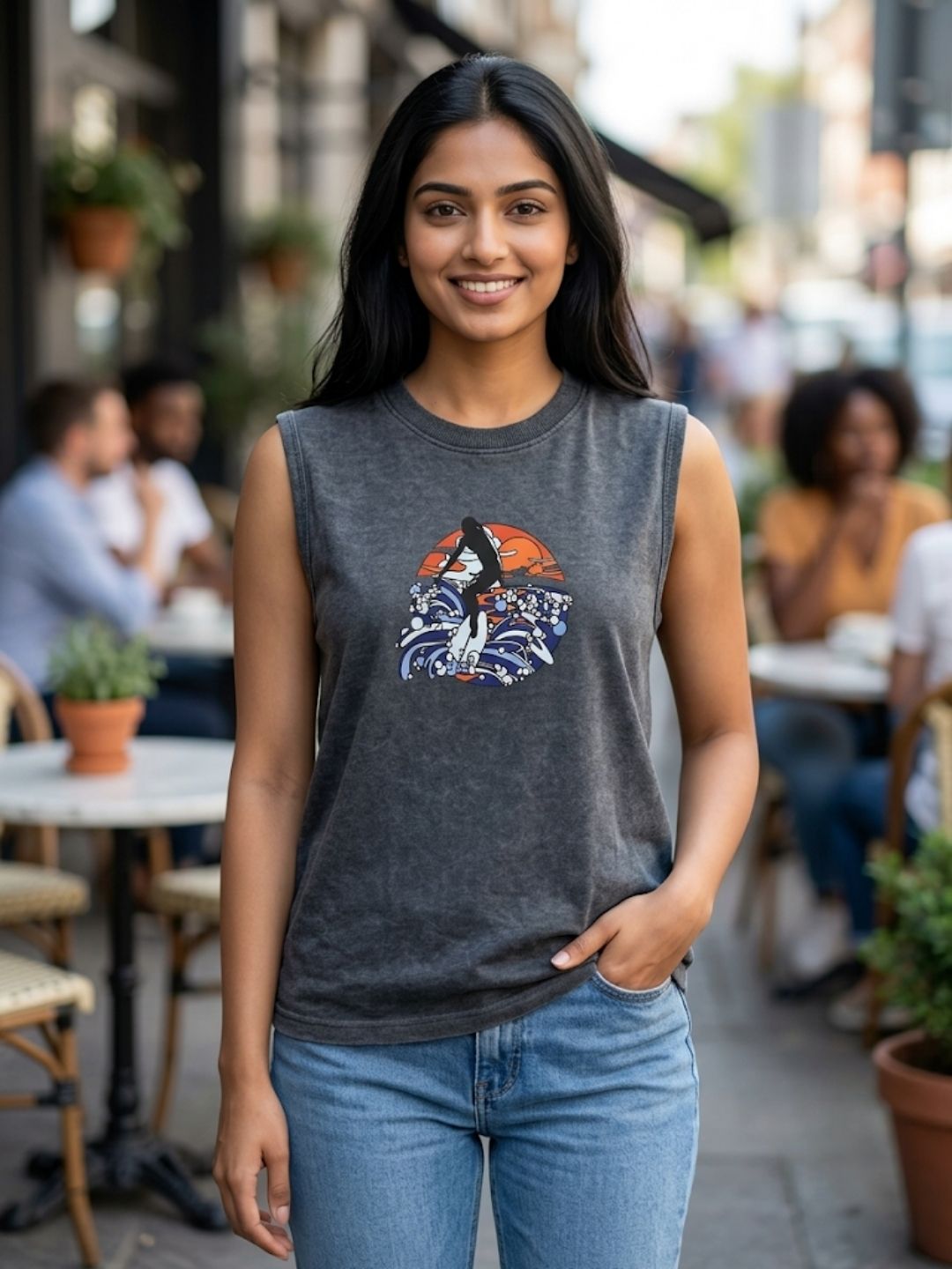 Women's Vintage Surf Sleeveless Tee | Dark Grey | The Modvue