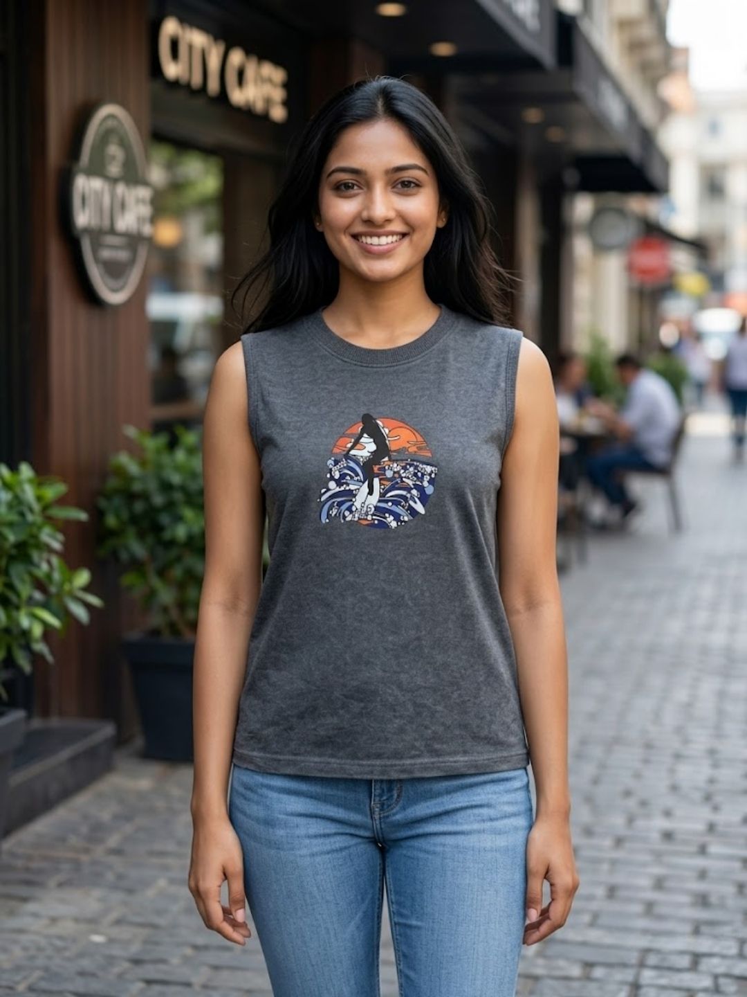 Women's Vintage Surf Sleeveless Tee | Dark Grey | The Modvue