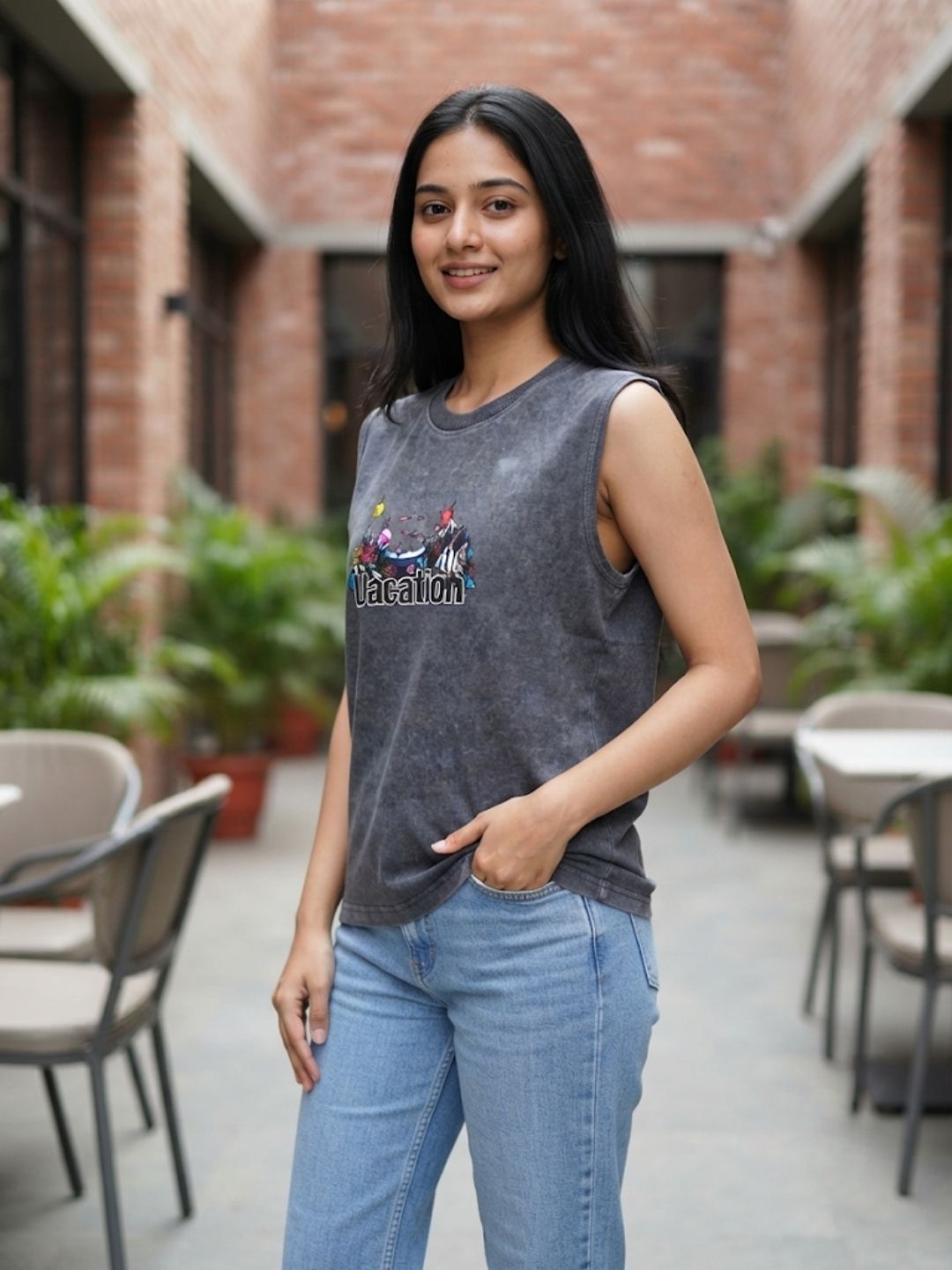 The Modvue Vintage Vacation Graphic Tank - Charcoal