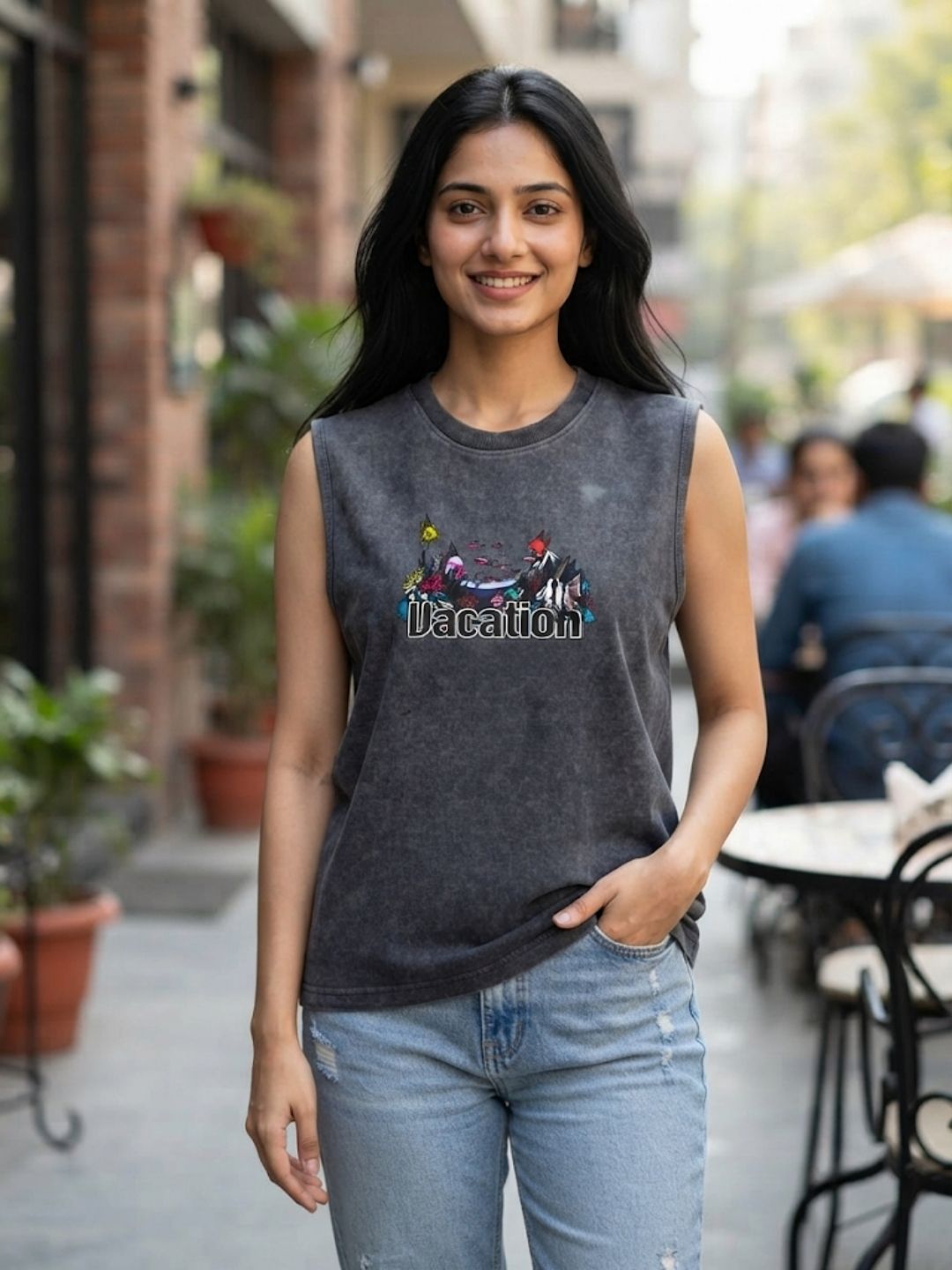 The Modvue Vintage Vacation Graphic Tank - Charcoal