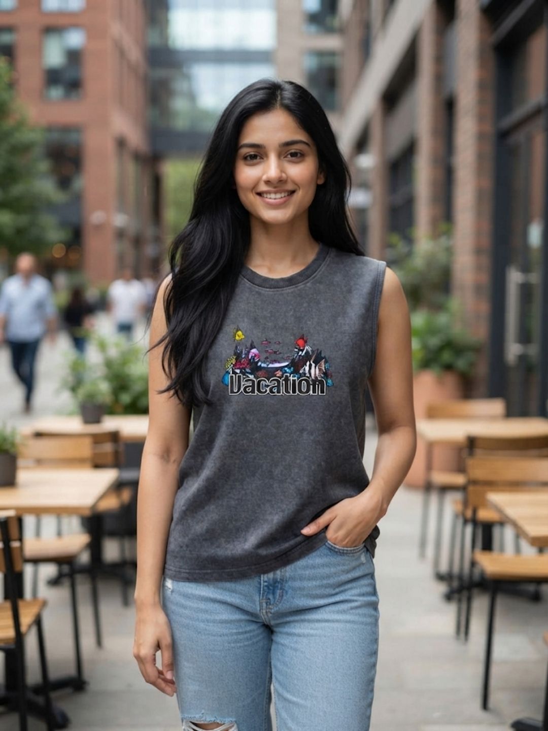 The Modvue Vintage Vacation Graphic Tank - Charcoal
