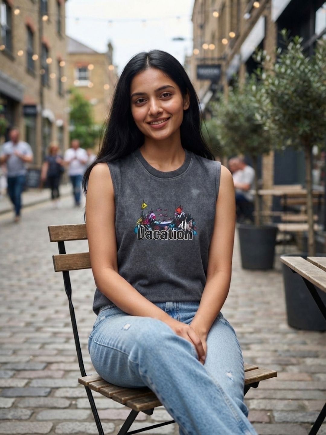 The Modvue Vintage Vacation Graphic Tank - Charcoal