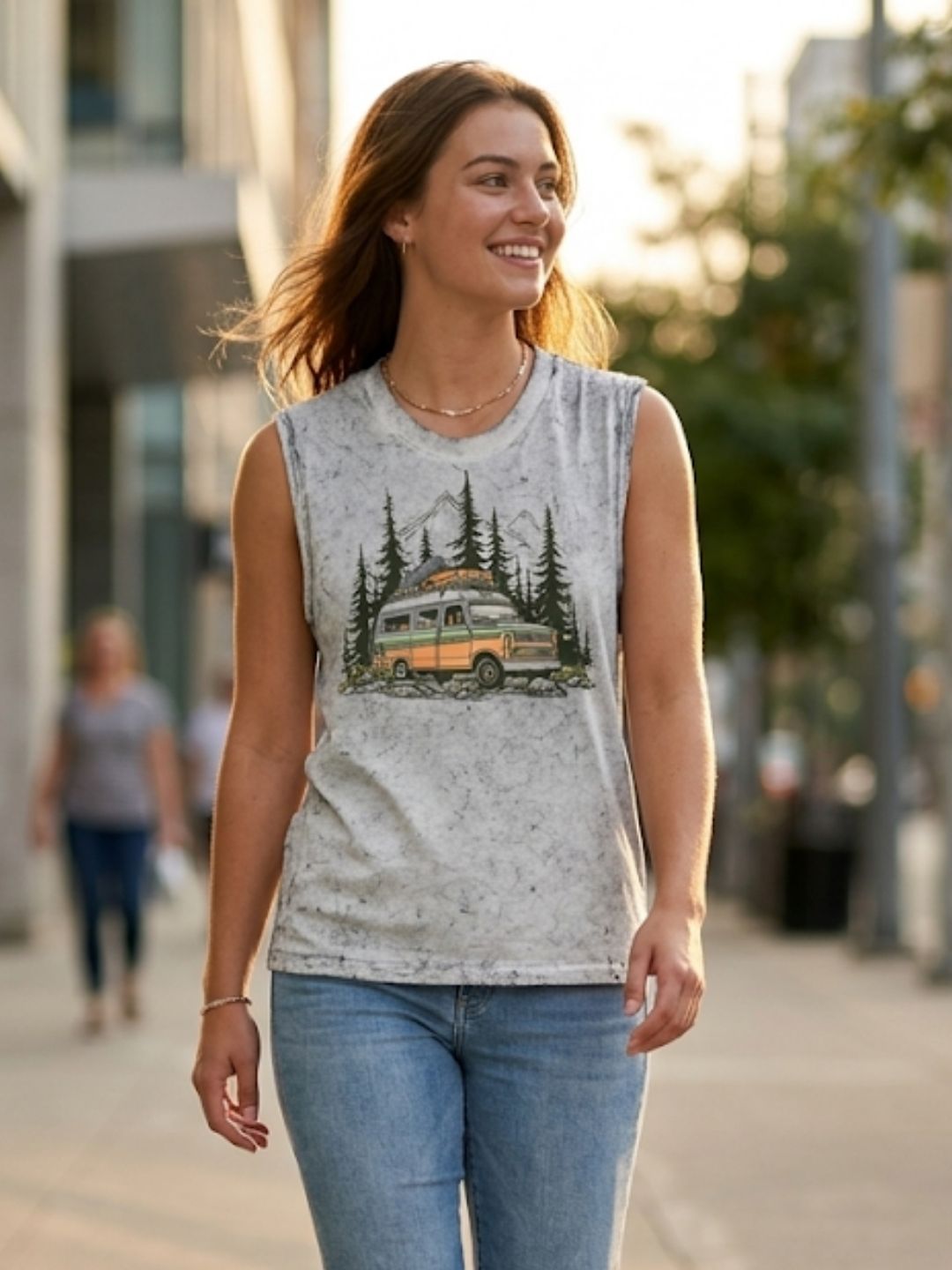 Retro Van Mountain Forest Muscle Tank – Women’s Acid Wash White