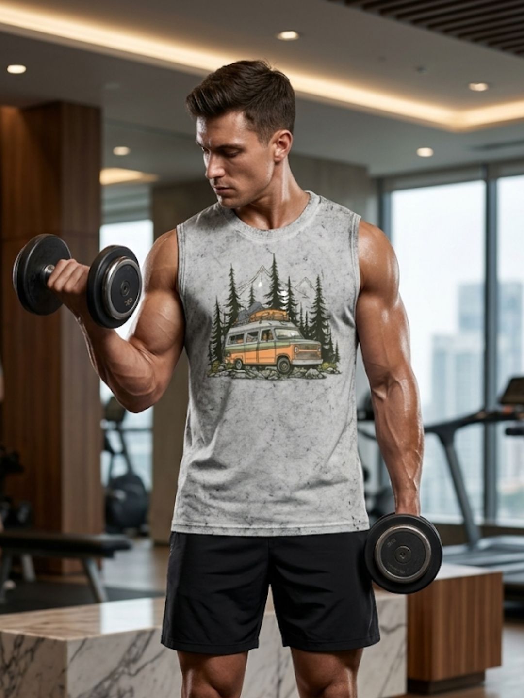 Retro Van Pine Forest Muscle Tank – Men’s Acid Wash White