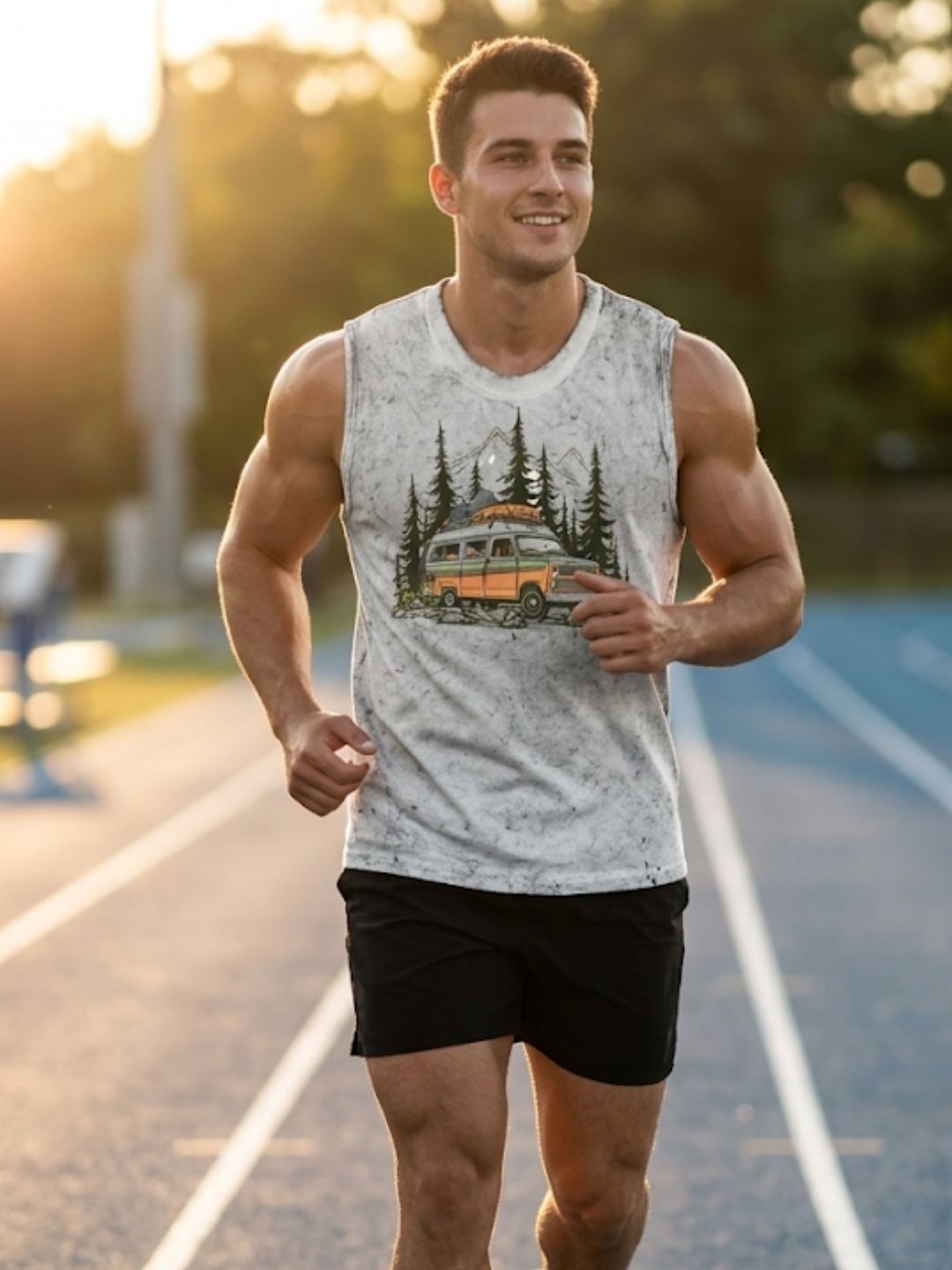 Retro Van Pine Forest Muscle Tank – Men’s Acid Wash White