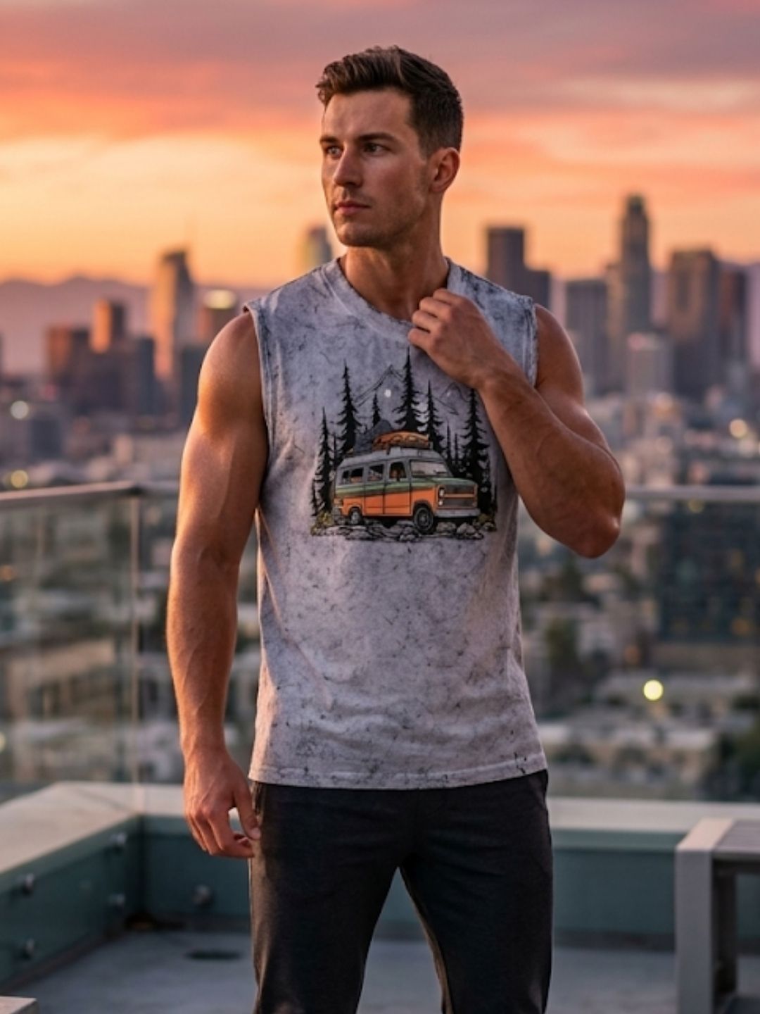 Retro Van Pine Forest Muscle Tank – Men’s Acid Wash White