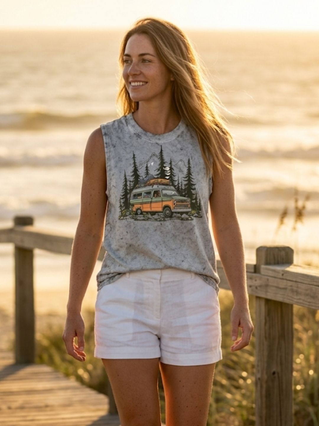 Retro Van Mountain Forest Muscle Tank – Women’s Acid Wash White