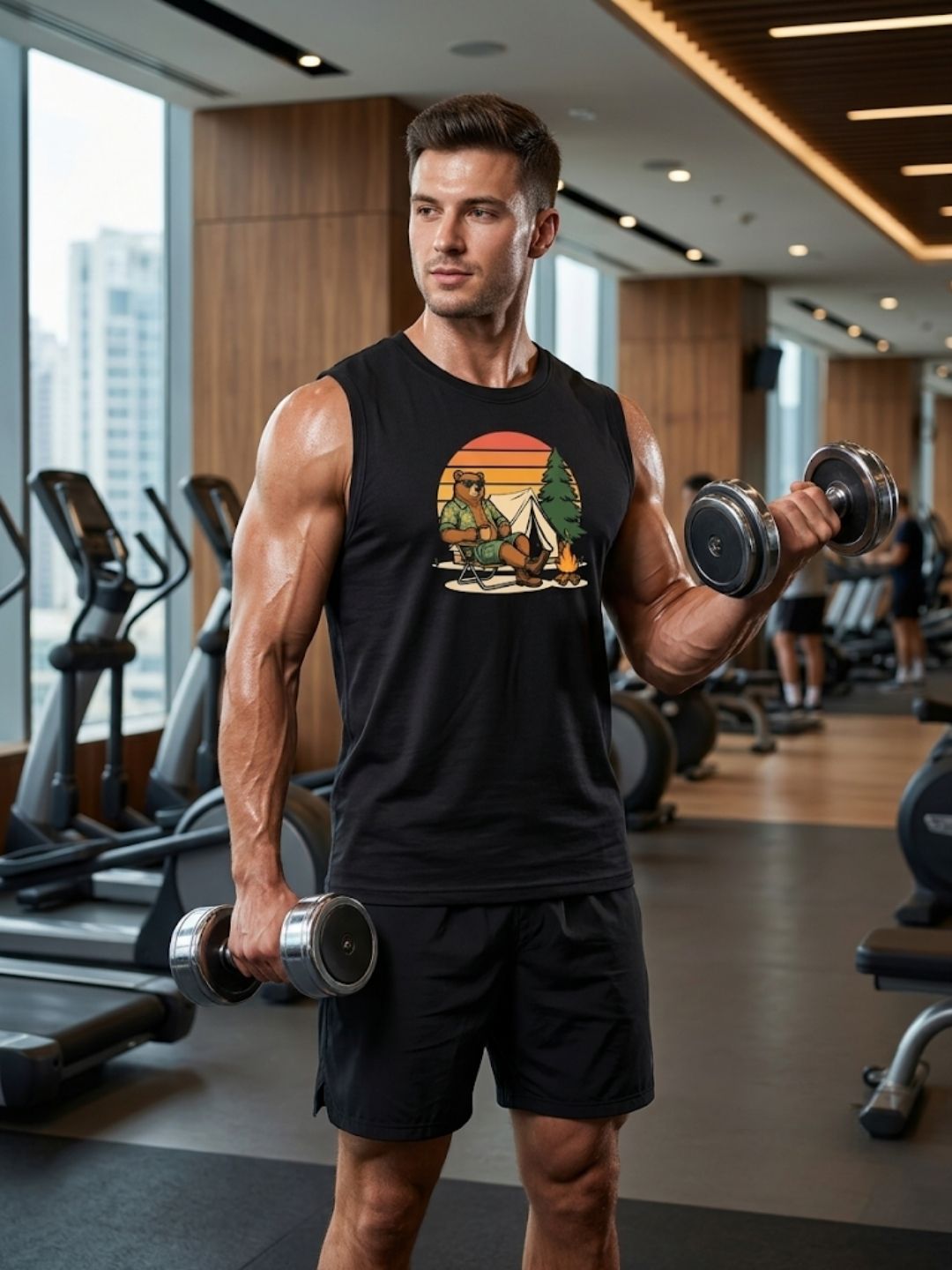 Camping Bear Retro Sunset Muscle Tank – Black